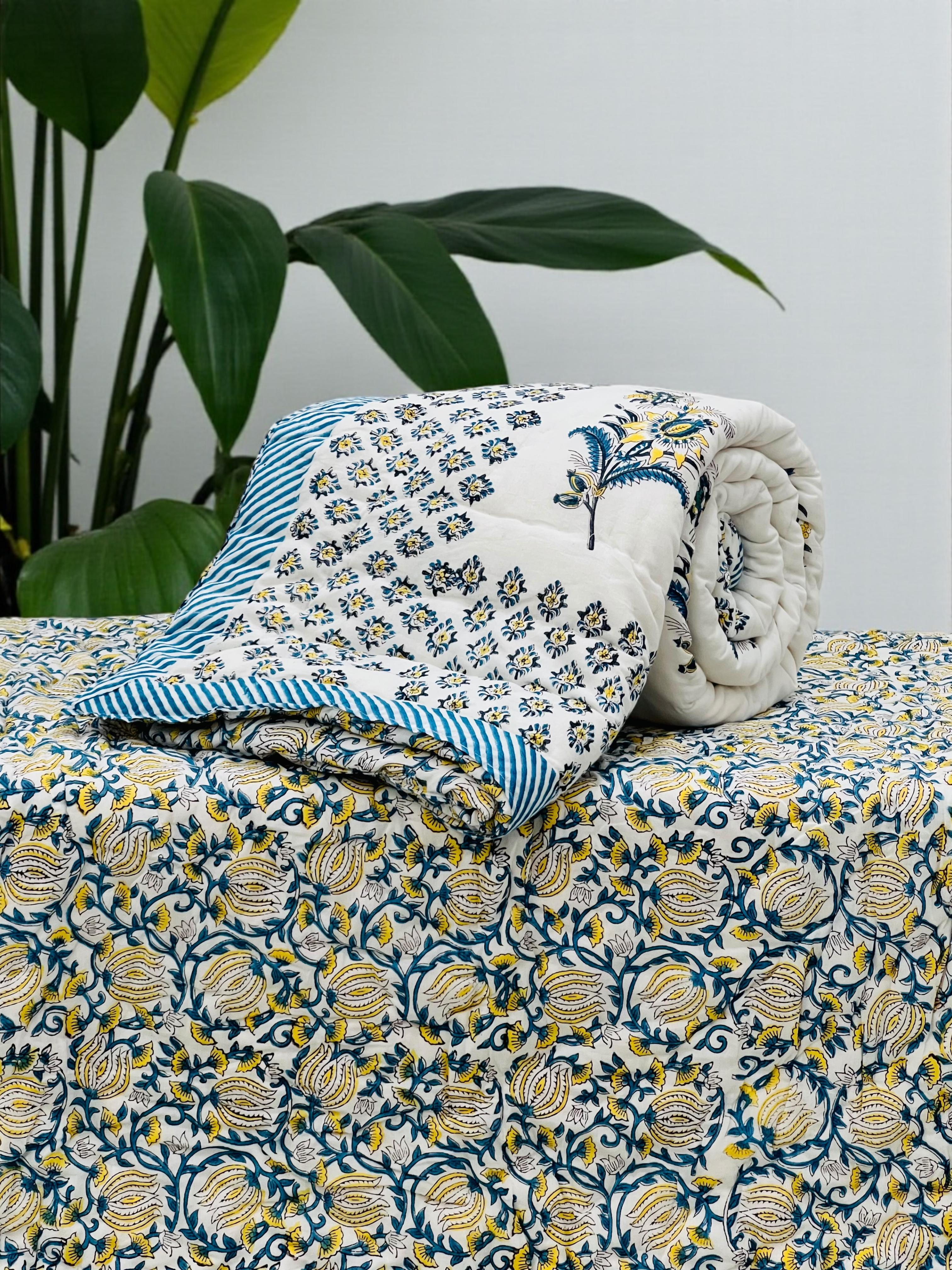 Pure mulmul cotton handblock printed single reversible quilt (razai 60x90 inches)