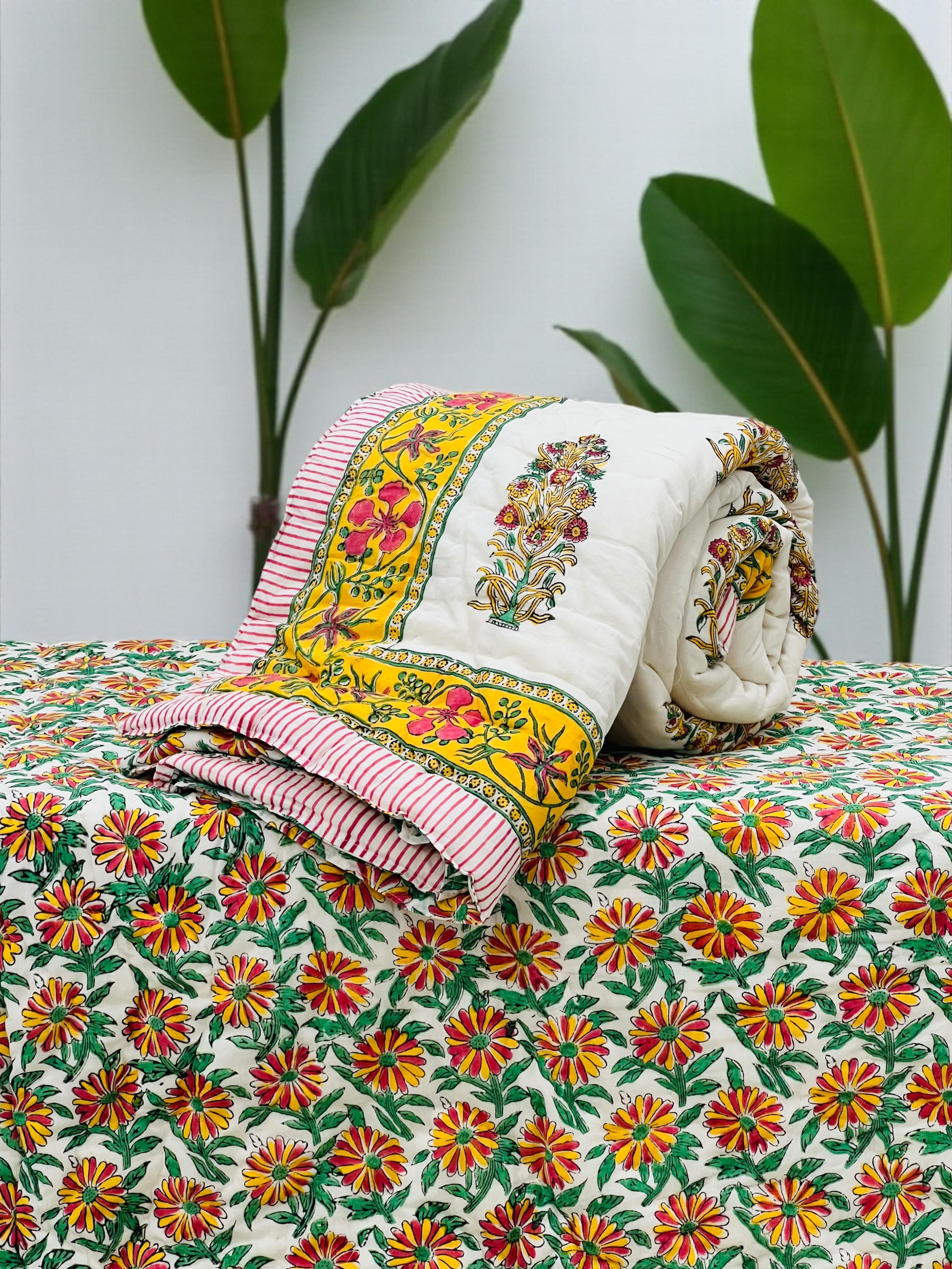 Pure mulmul cotton handblock printed single reversible quilt (razai 60x90 inches)