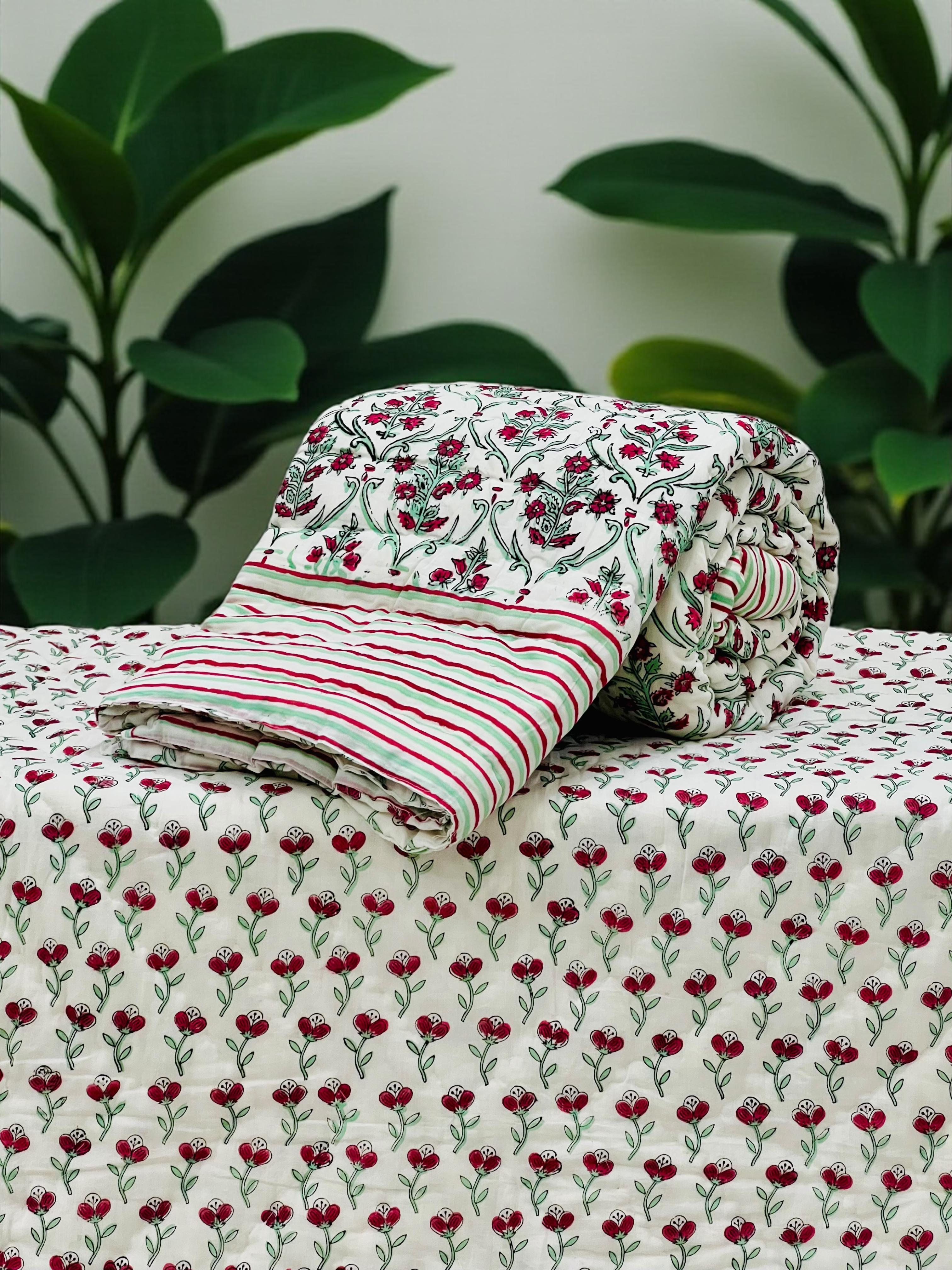 Pure mulmul cotton handblock printed single reversible quilt (razai 60x90 inches)