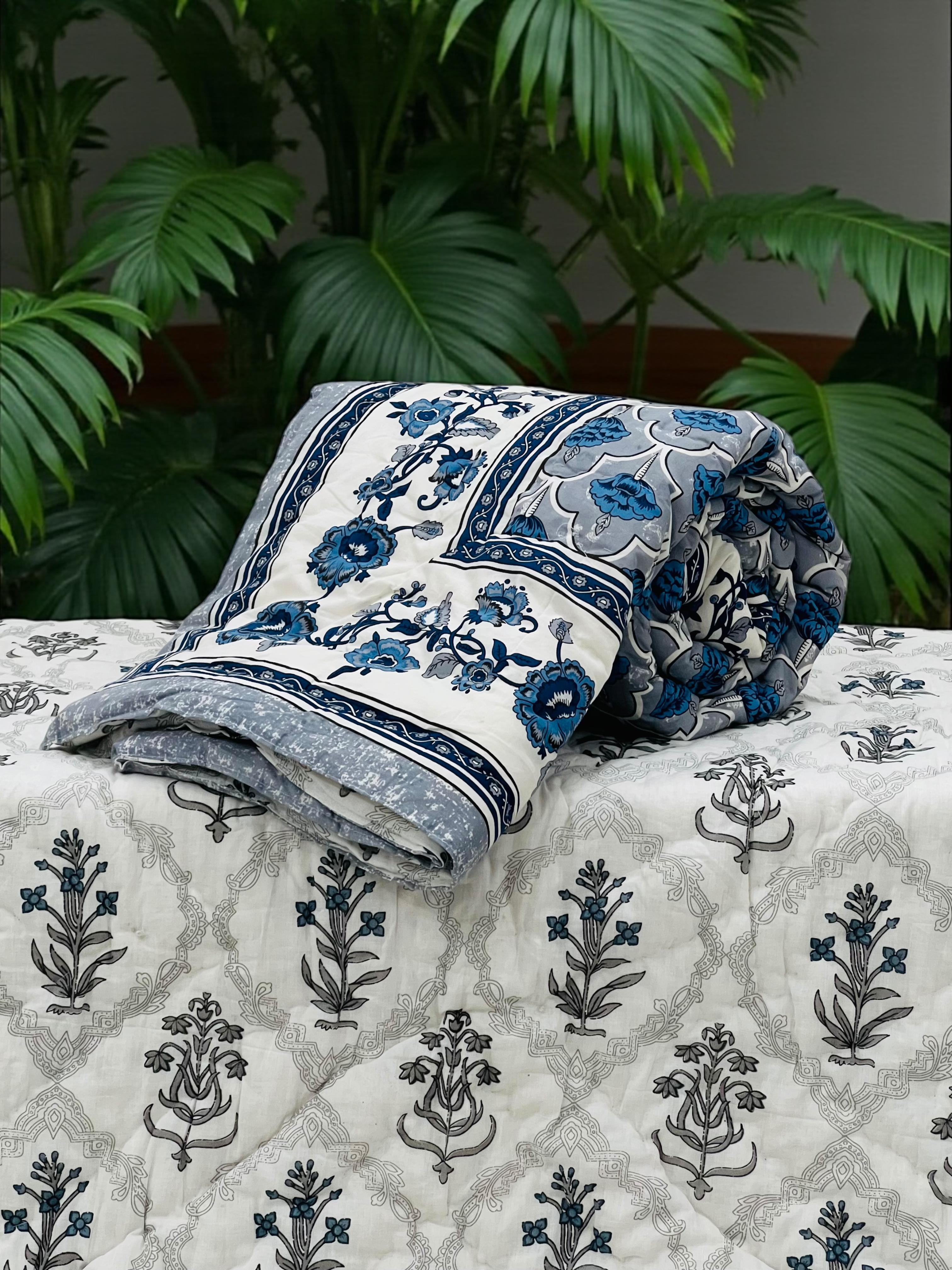 Pure mulmul cotton handblock printed single reversible quilt (razai 60x90 inches)