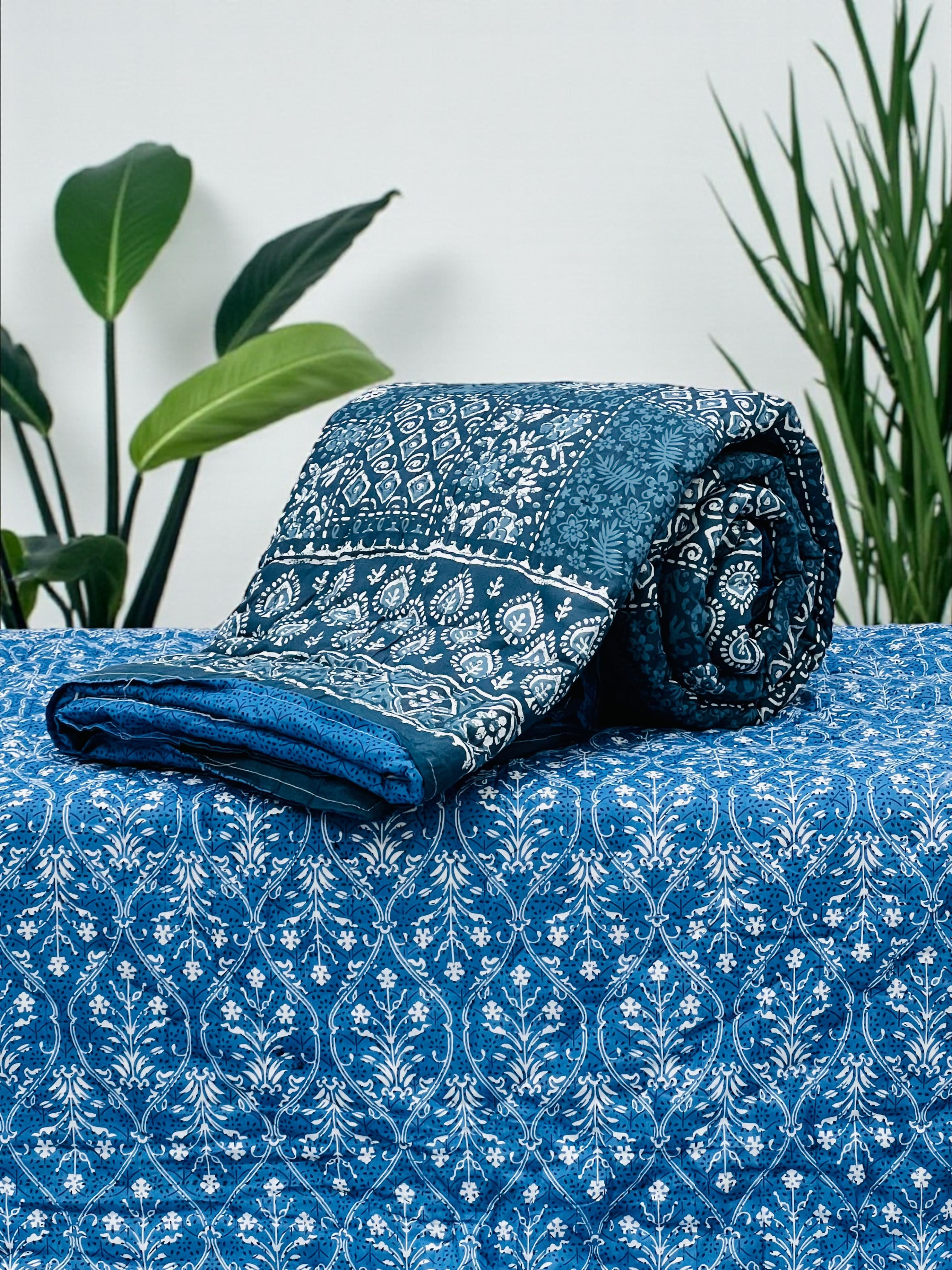 Pure mulmul cotton handblock printed single reversible quilt (razai 60x90 inches)