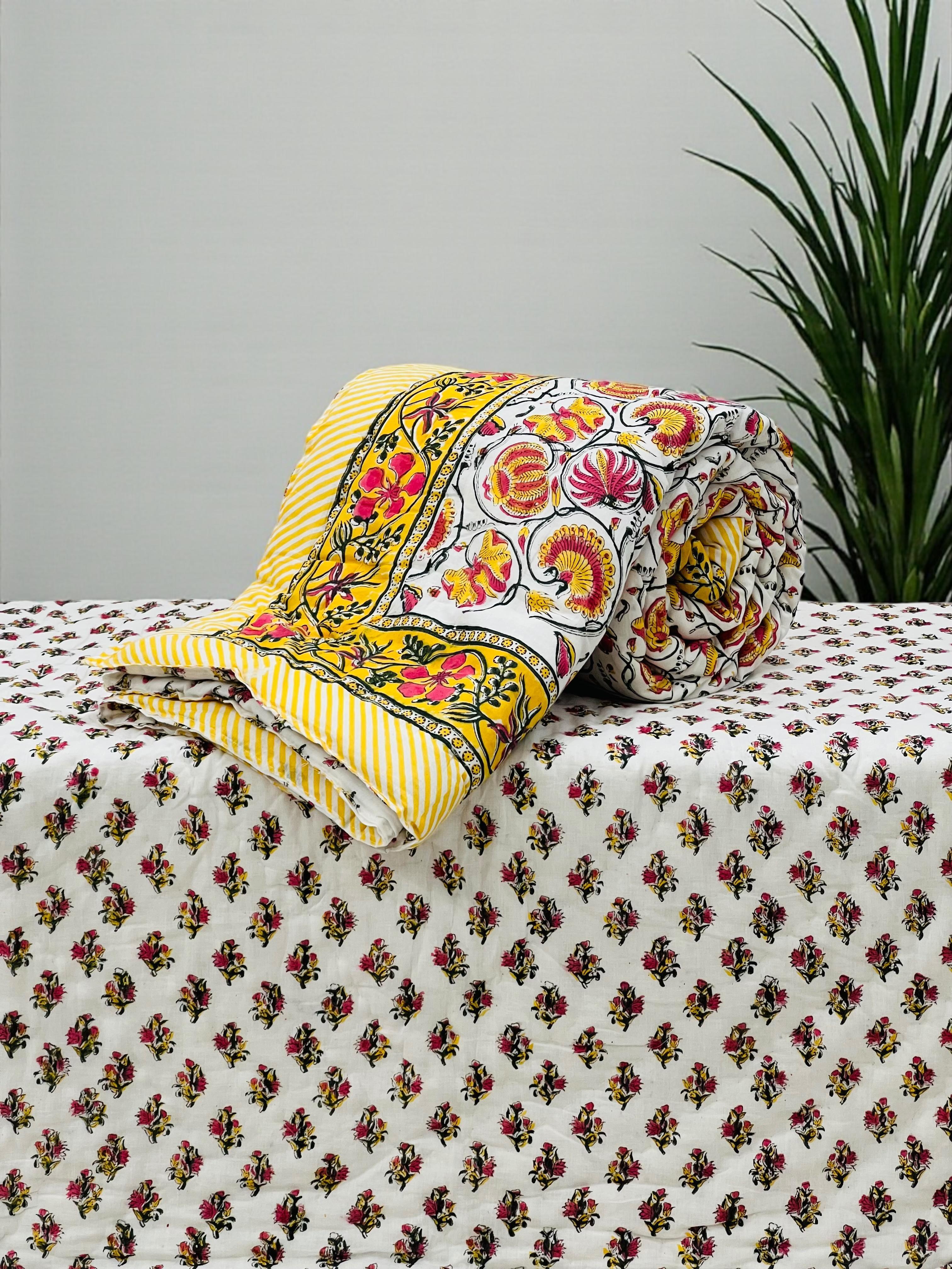 Pure mulmul cotton handblock printed single reversible quilt (razai 60x90 inches)