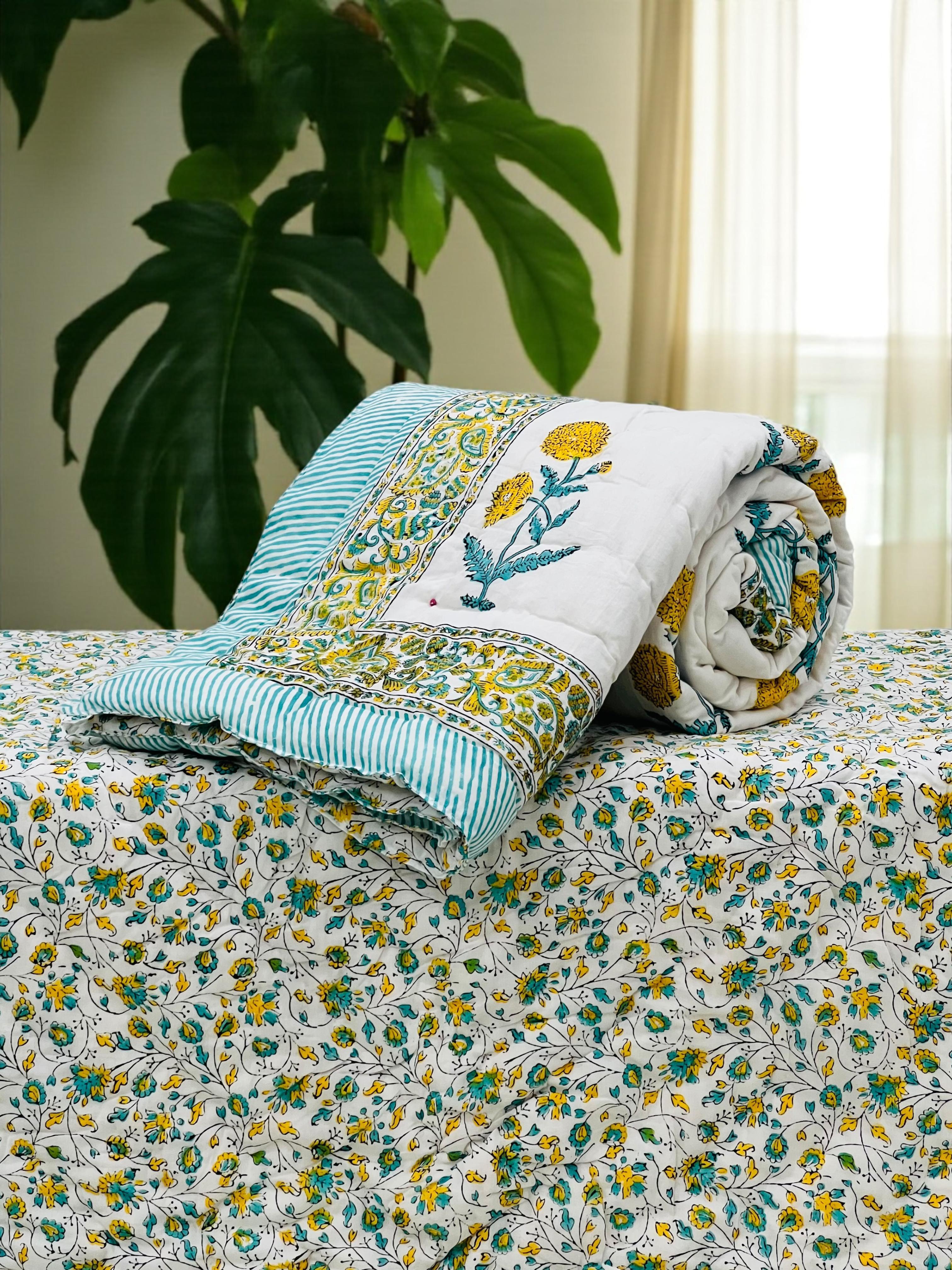 Pure mulmul cotton handblock printed single reversible quilt (razai 60x90 inches)