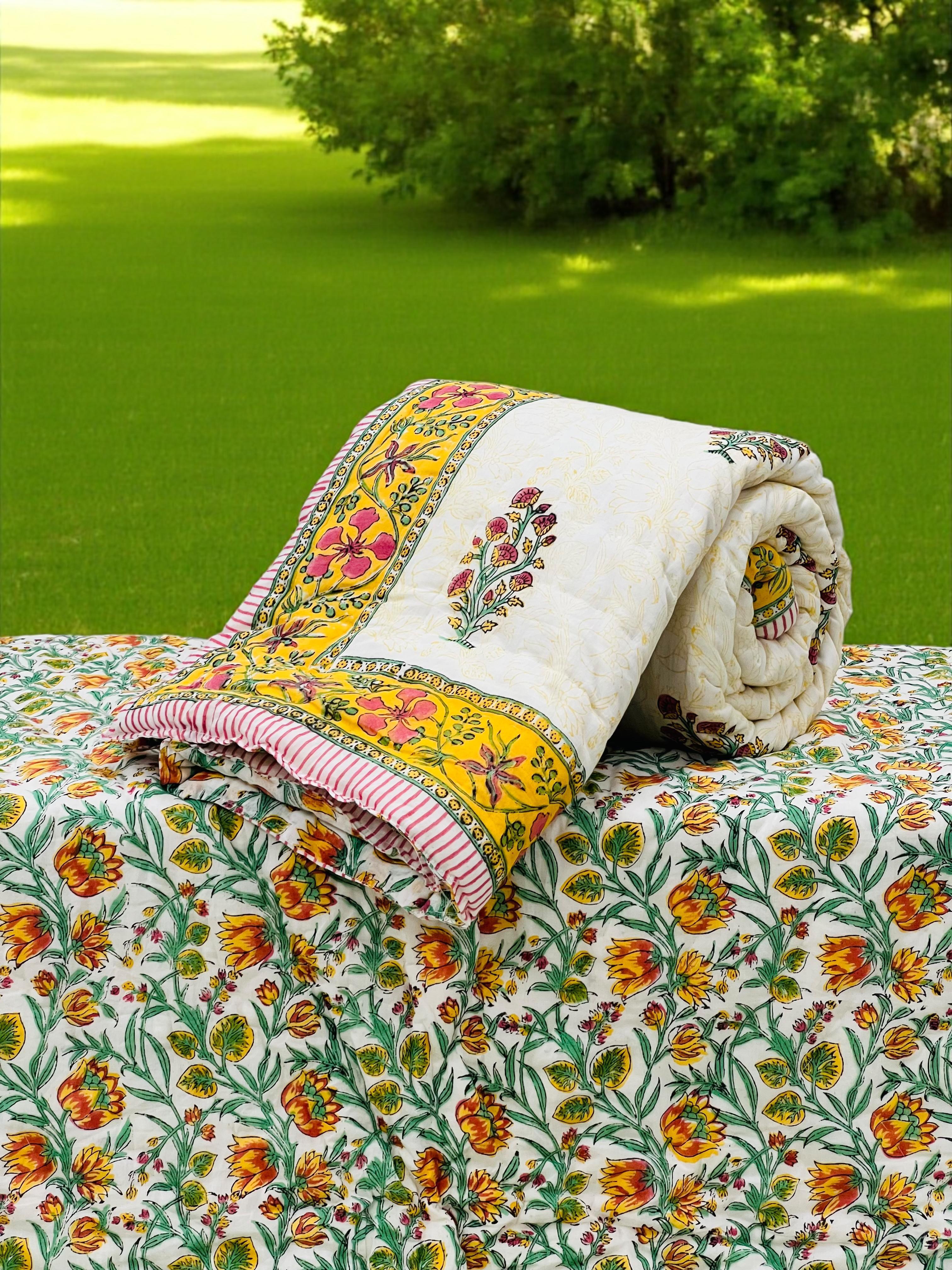 Pure mulmul cotton handblock printed single reversible quilt (razai 60x90 inches)