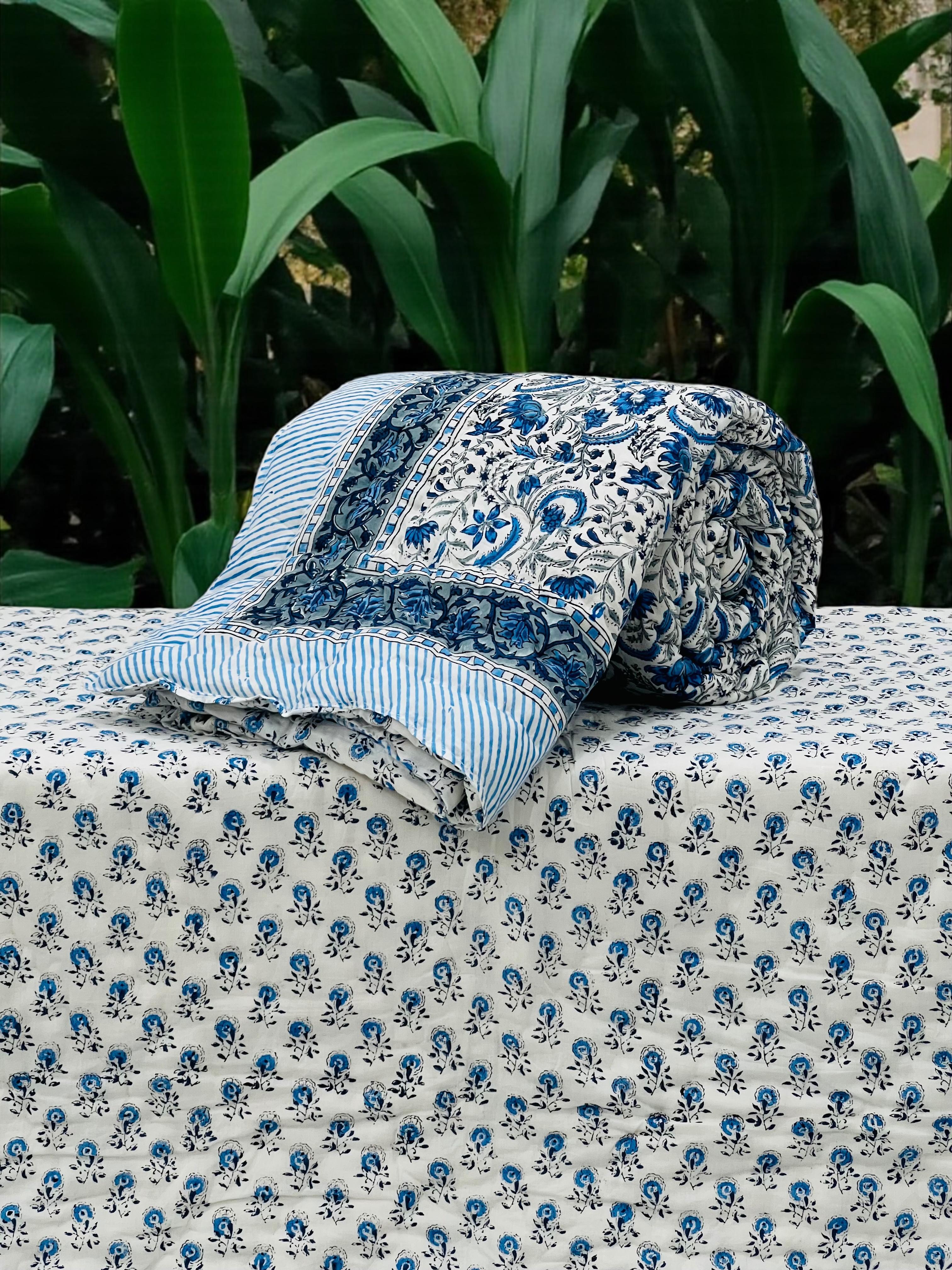 Pure mulmul cotton handblock printed single reversible quilt (razai 60x90 inches)