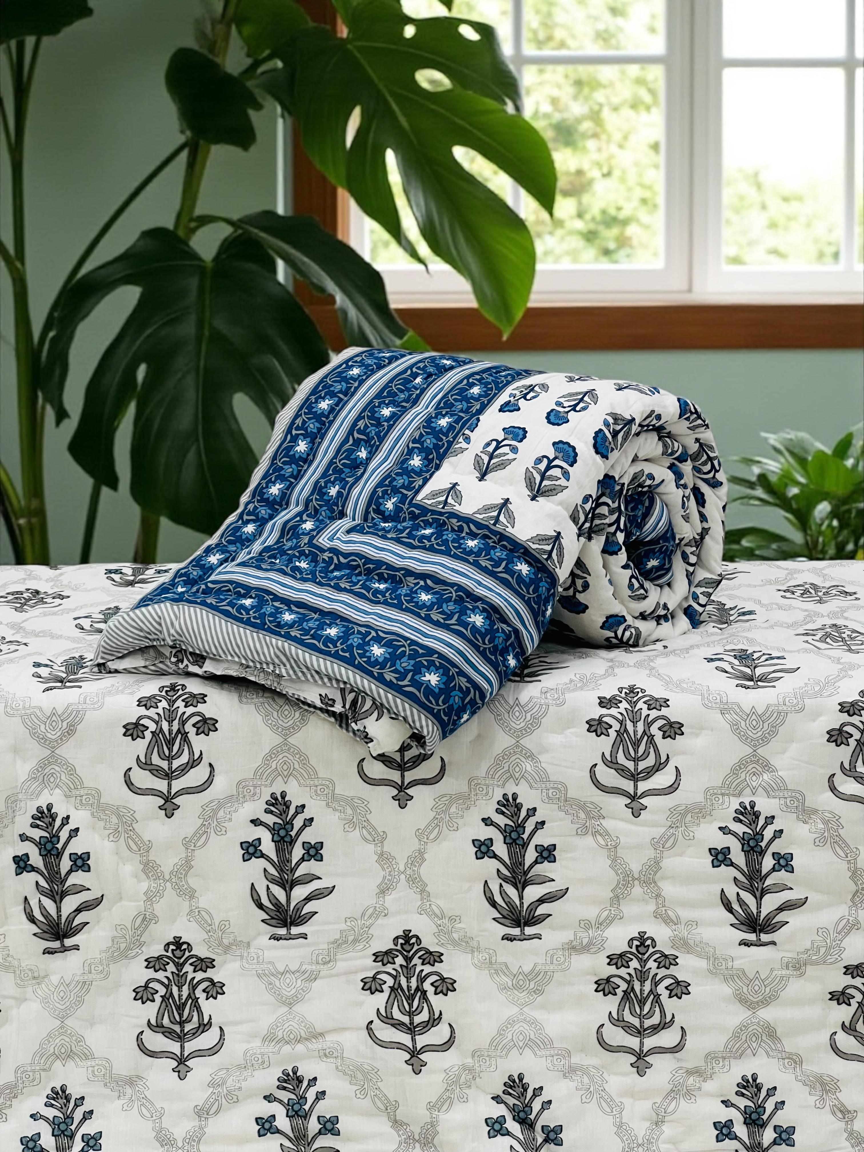 Pure mulmul cotton handblock printed single reversible quilt (razai 60x90 inches)