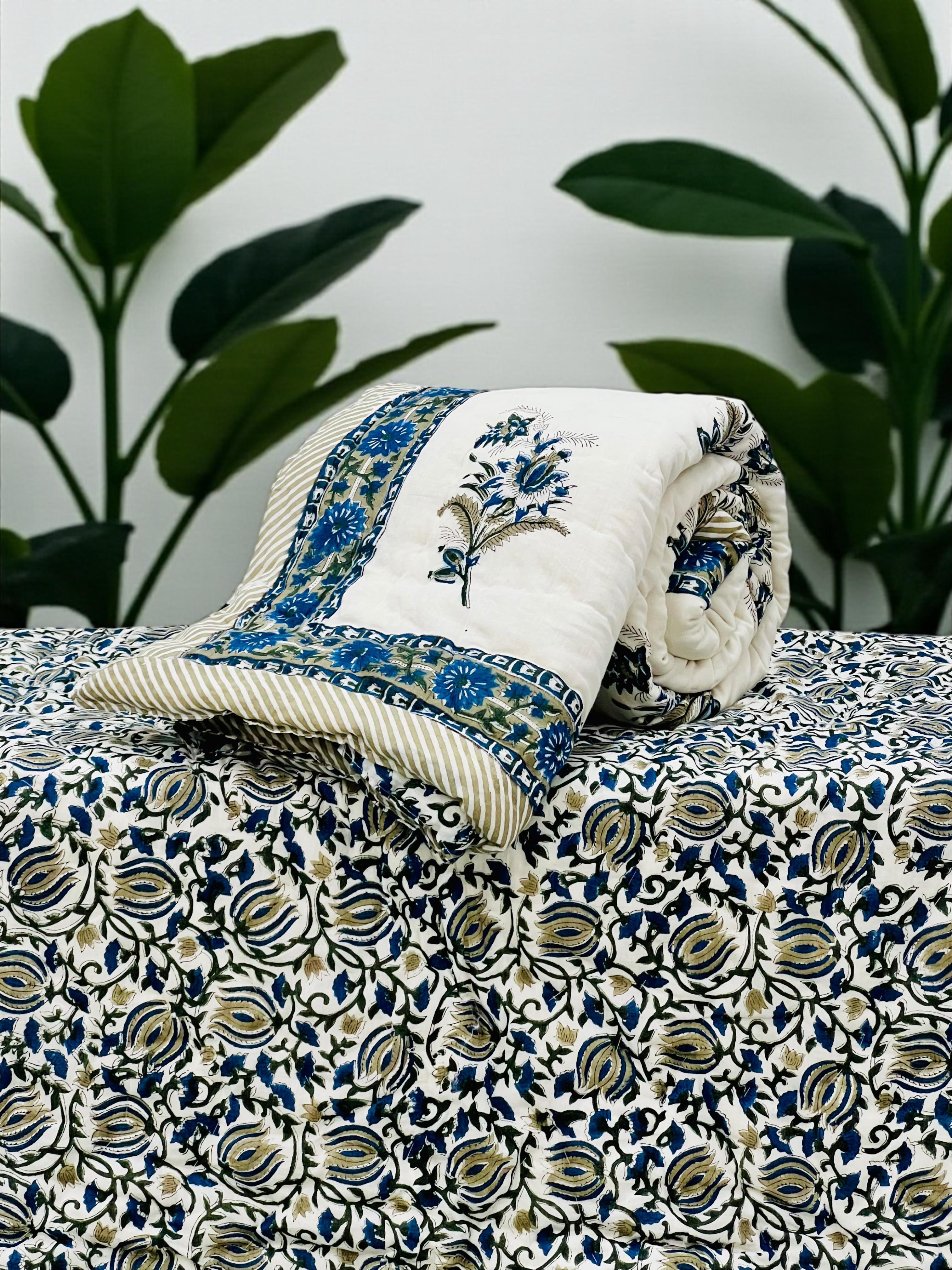 Pure mulmul cotton handblock printed single reversible quilt (razai 60x90 inches)
