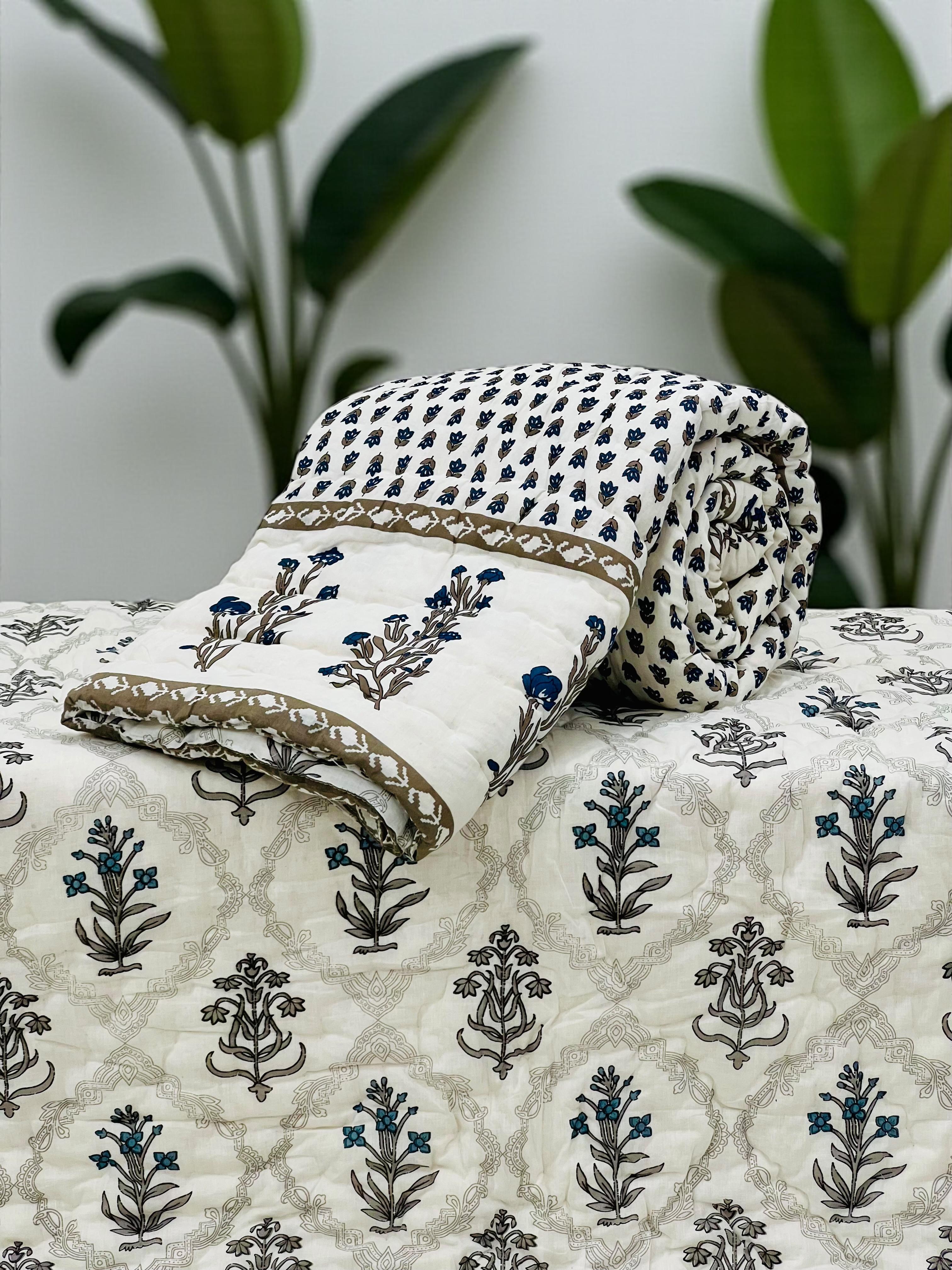 Pure mulmul cotton handblock printed single reversible quilt (razai 60x90 inches)