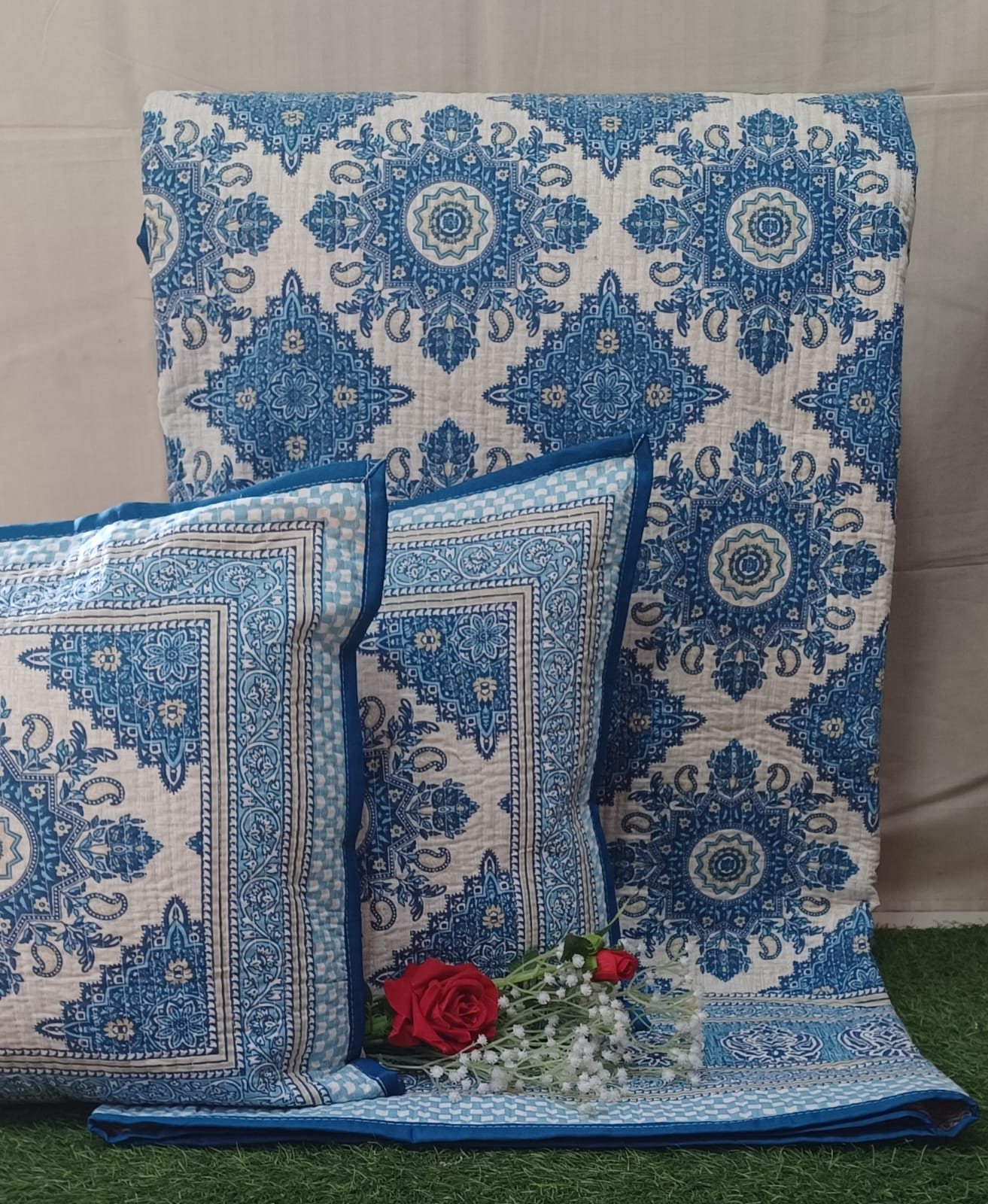 Pure cotton quilted bedcovers with two quilted pillow covers (90x108 inches)