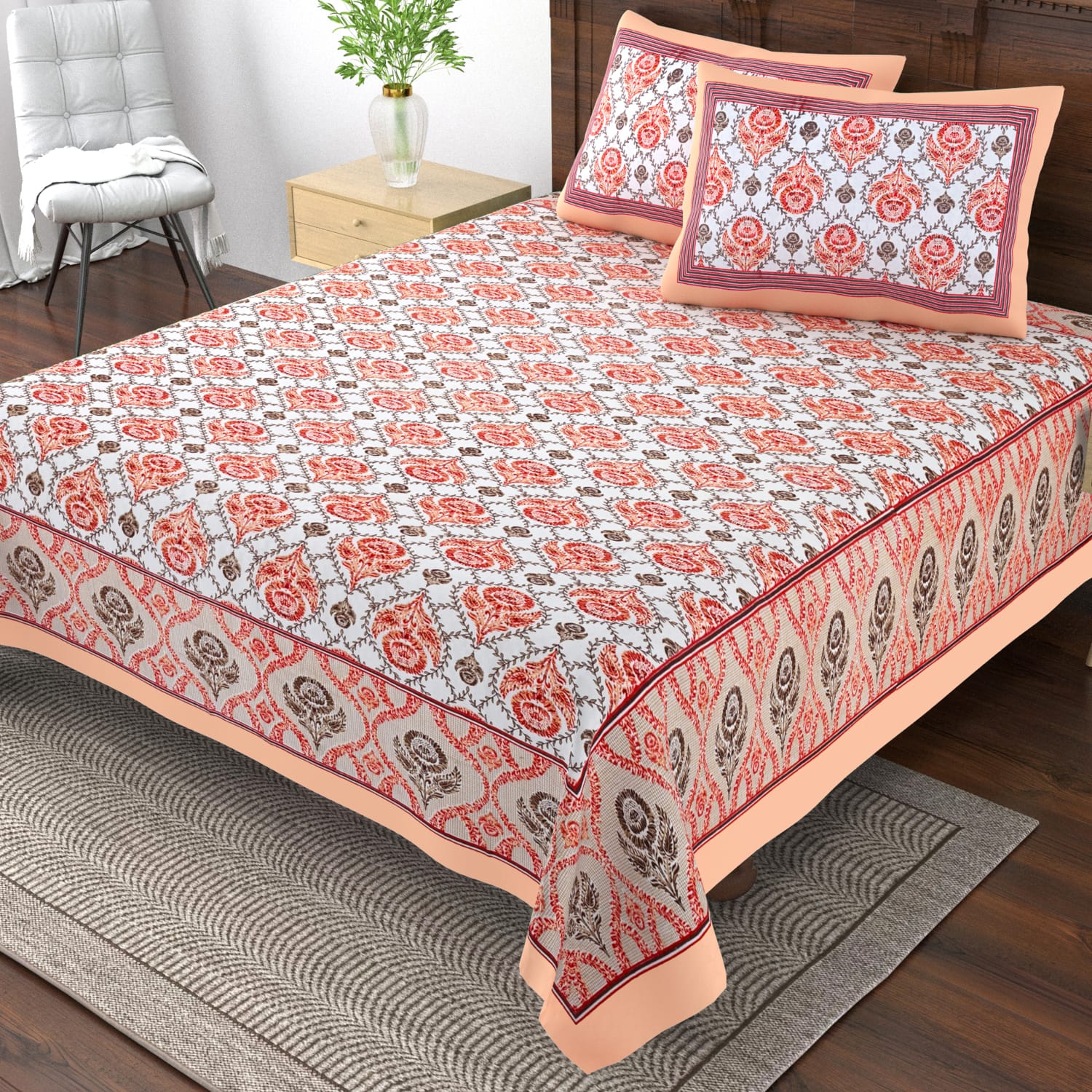 Pure cotton single bedsheet with 2 pillow covers (70x100 inches)