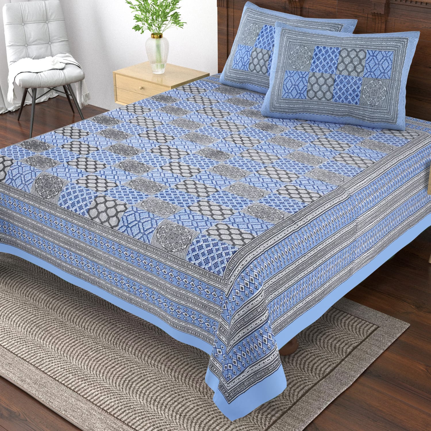 Pure cotton single bedsheet with 2 pillow covers (70x100 inches)