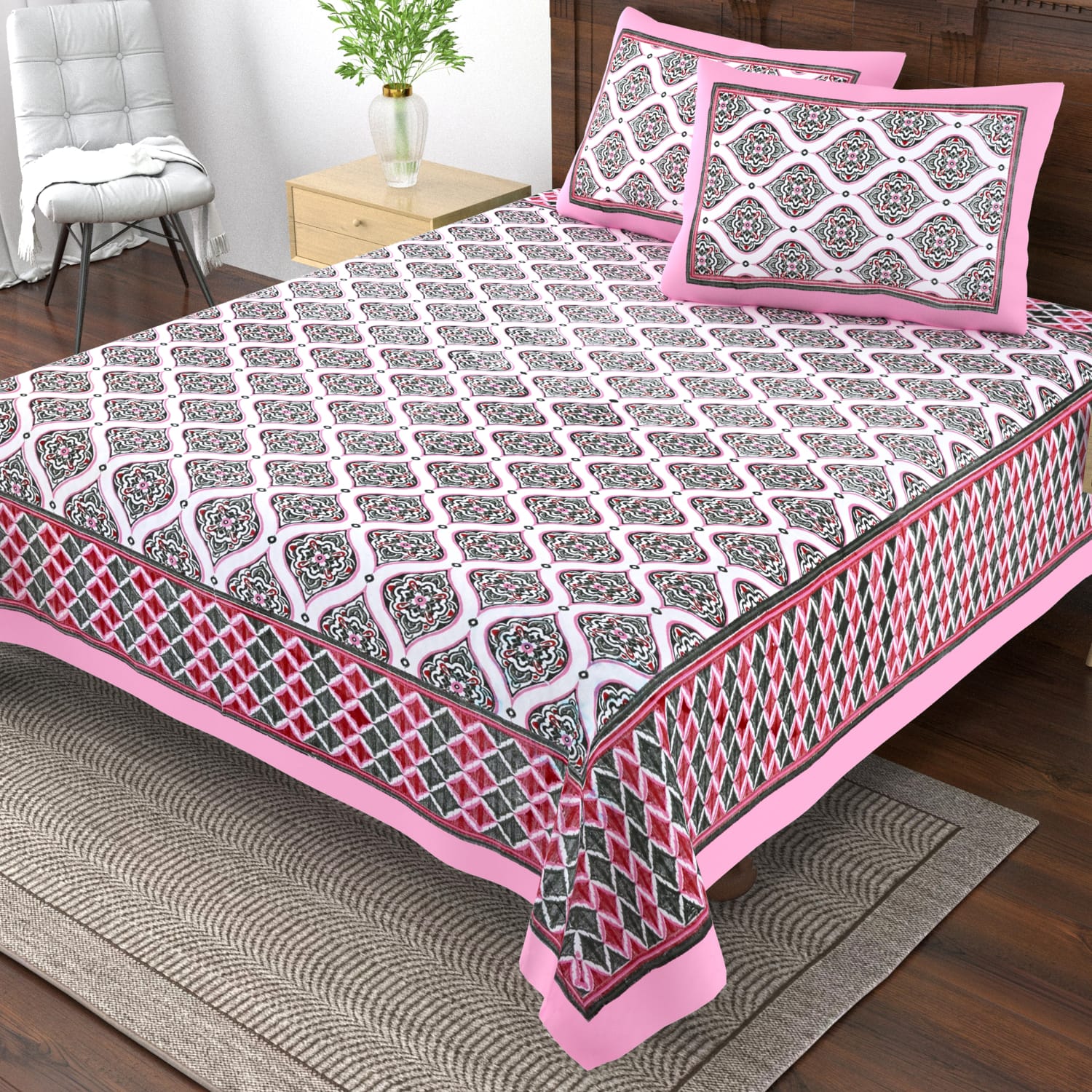 Pure cotton single bedsheet with 2 pillow covers (70x100 inches)