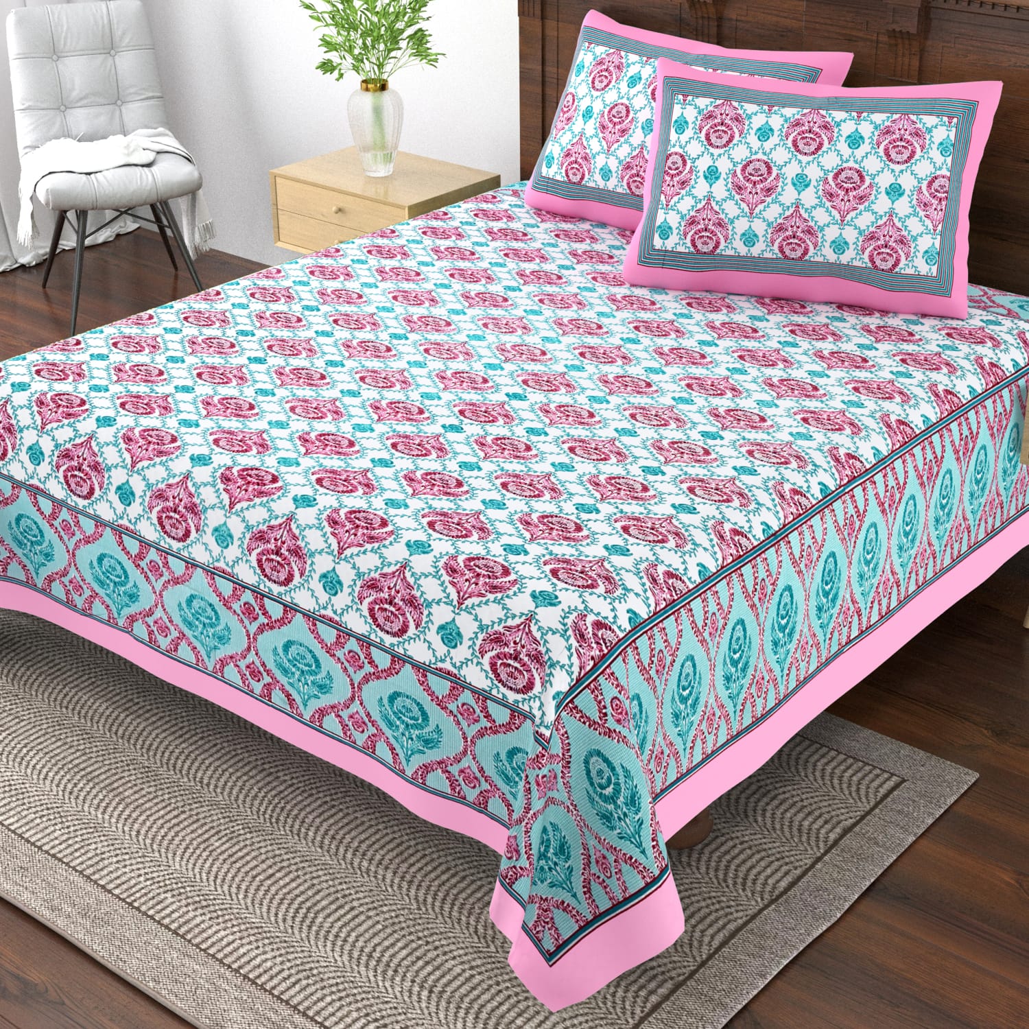 Pure cotton single bedsheet with 2 pillow covers (70x100 inches)