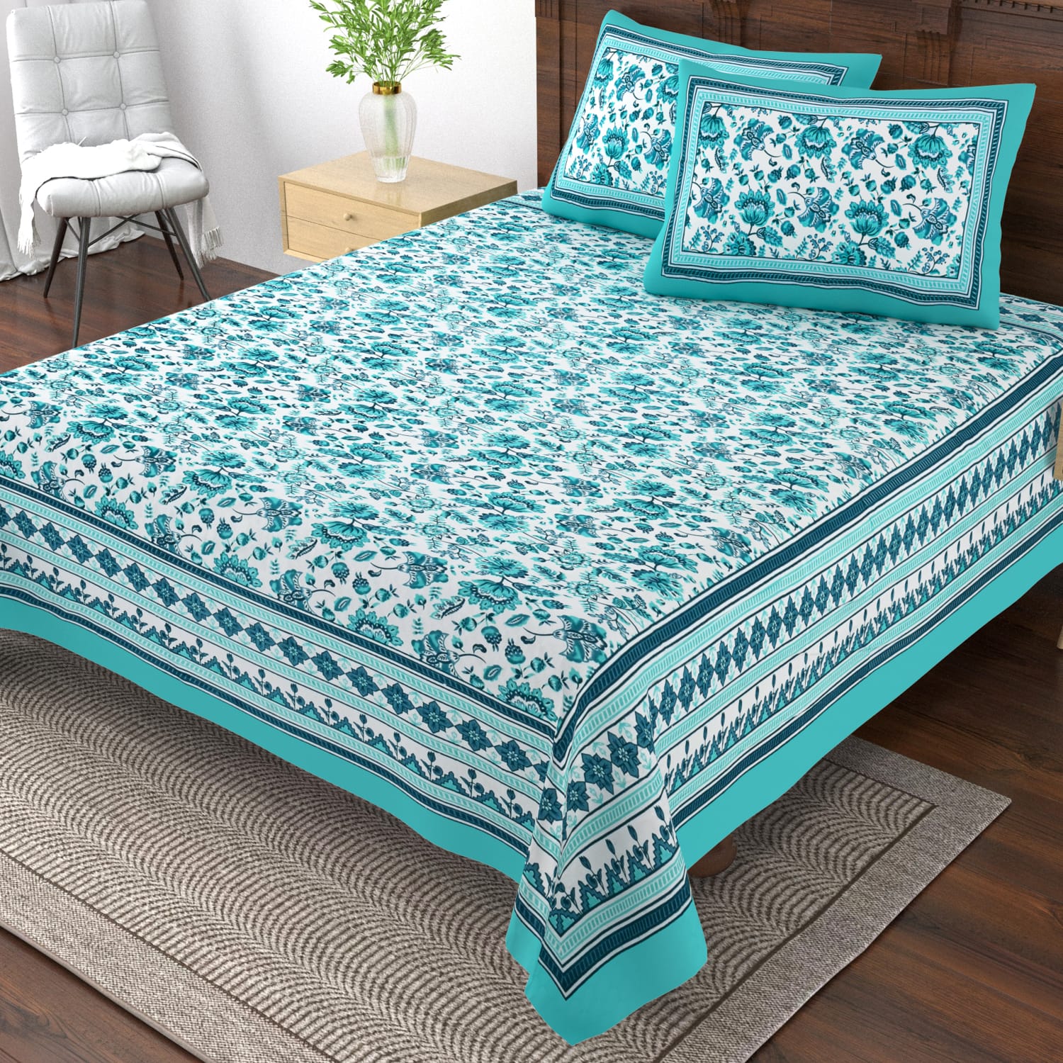 Pure cotton single bedsheet with 2 pillow covers (70x100 inches)