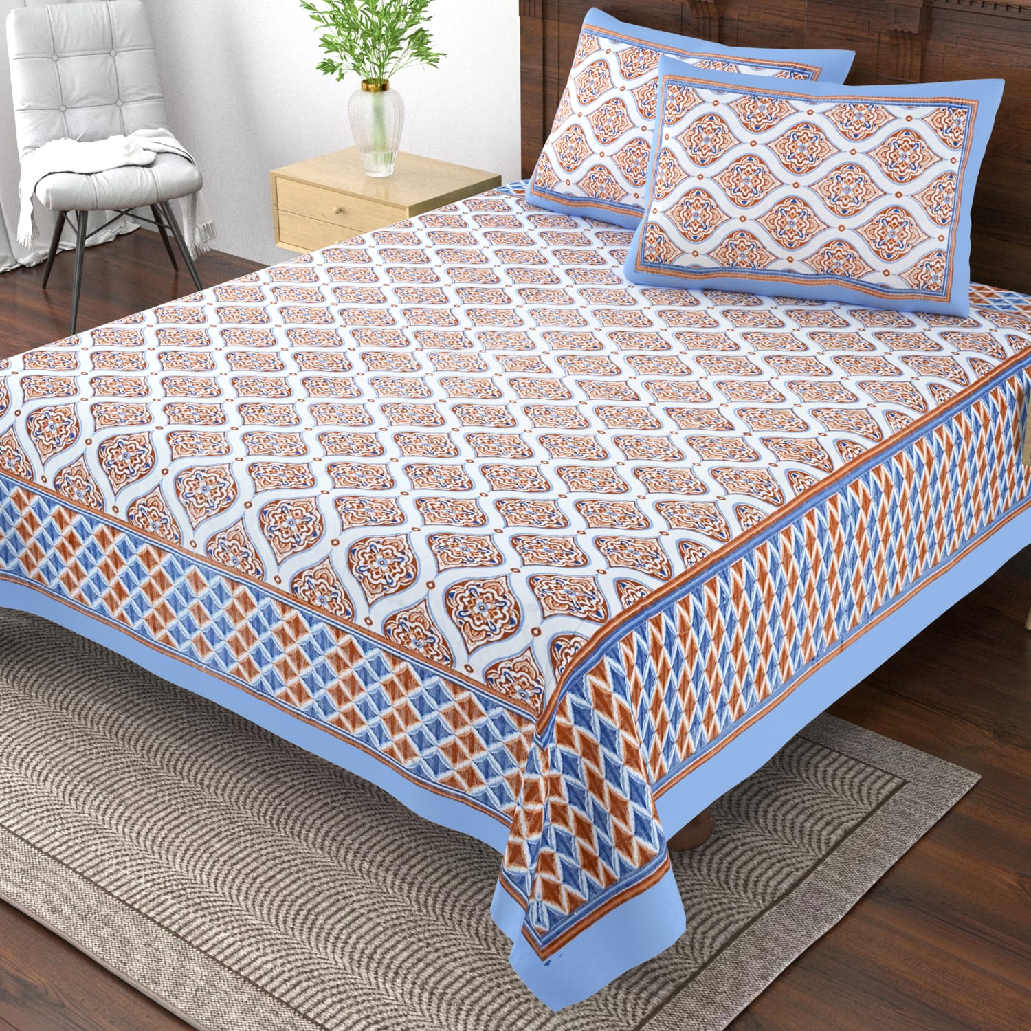 Pure cotton single bedsheet with 2 pillow covers (70x100 inches)