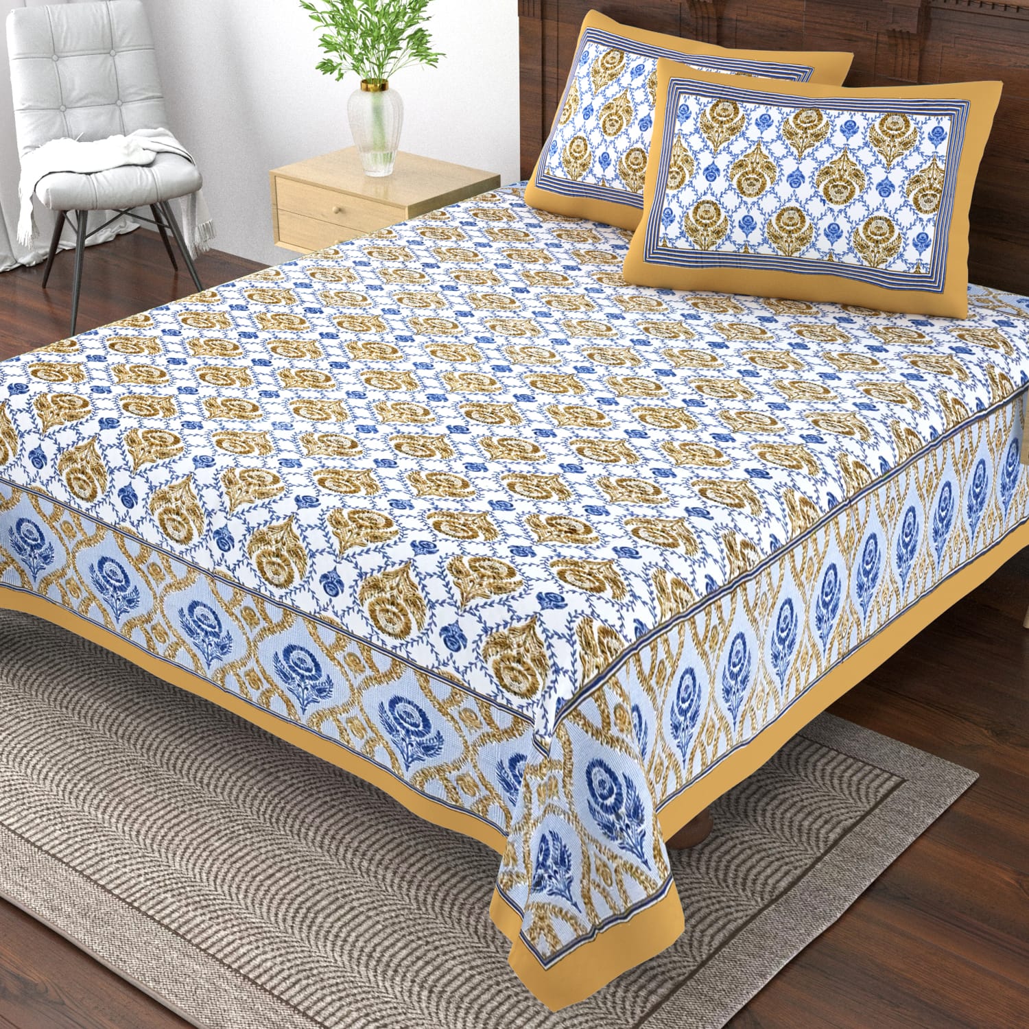 Pure cotton single bedsheet with 2 pillow covers (70x100 inches)