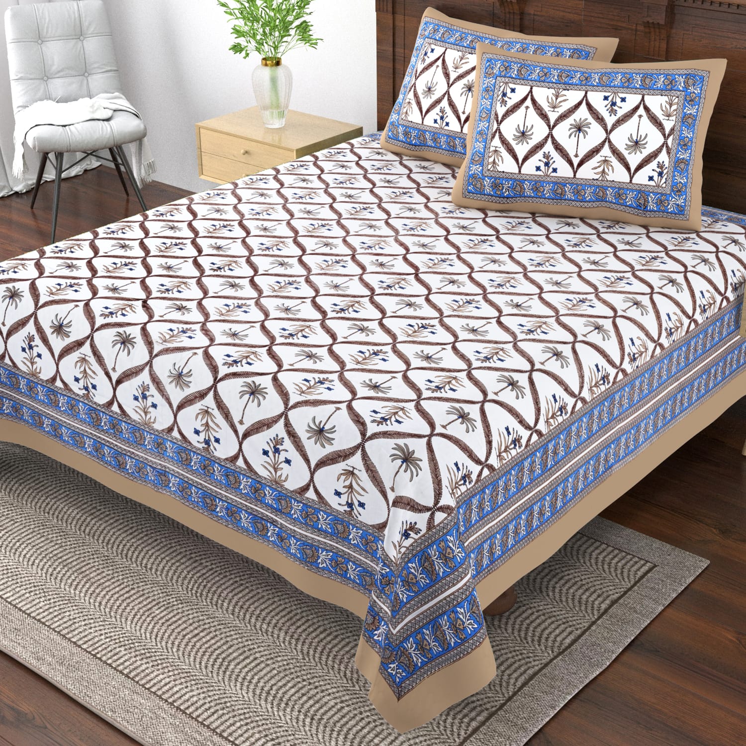 Pure cotton single bedsheet with 2 pillow covers (70x100 inches)