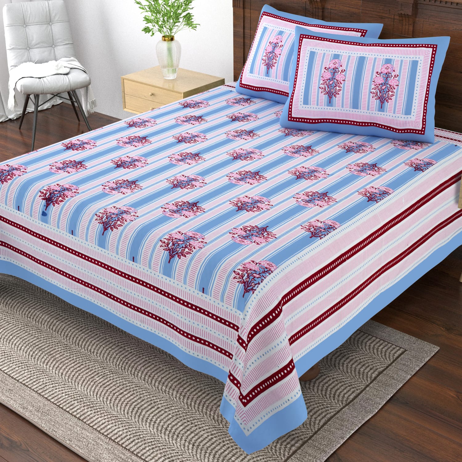 Pure cotton single bedsheet with 2 pillow covers (70x100 inches)