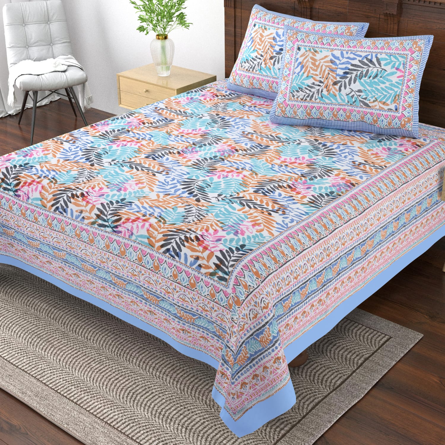 Pure cotton single bedsheet with 2 pillow covers (70x100 inches)