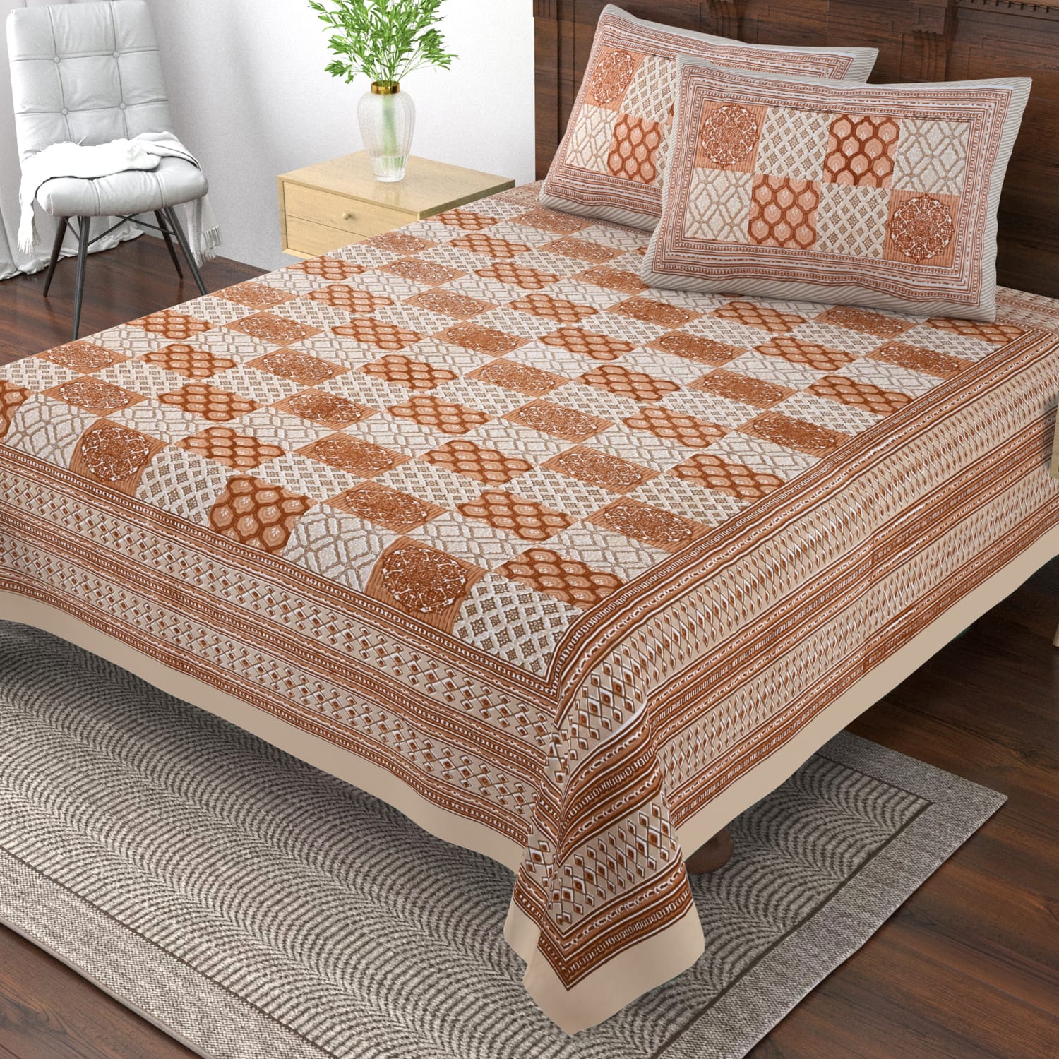 Pure cotton single bedsheet with 2 pillow covers (70x100 inches)
