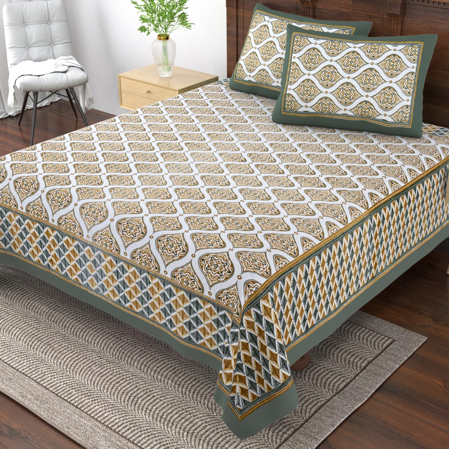 Pure cotton single bedsheet with 2 pillow covers (70x100 inches)