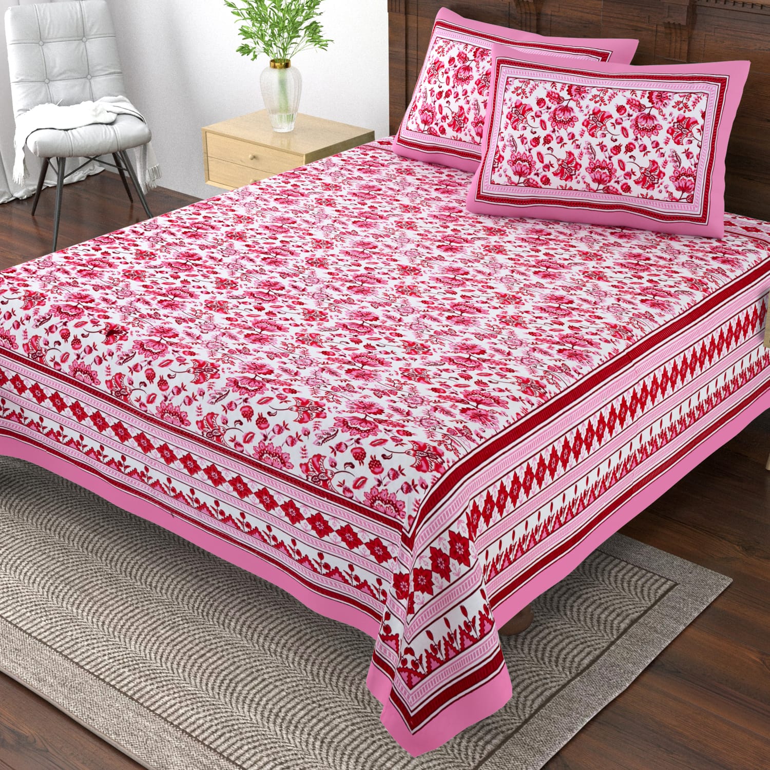 Pure cotton single bedsheet with 2 pillow covers (70x100 inches)