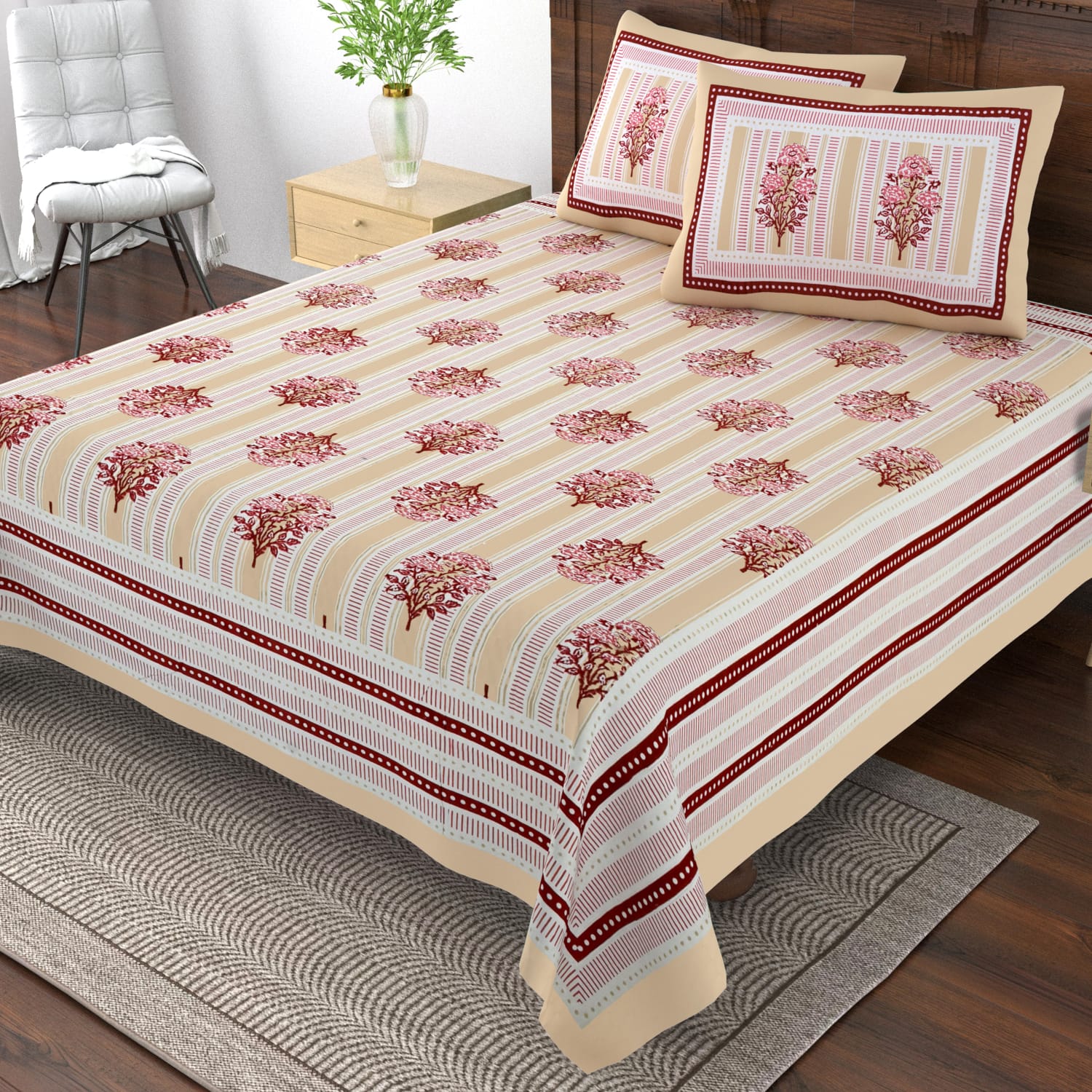 Pure cotton single bedsheet with 2 pillow covers (70x100 inches)