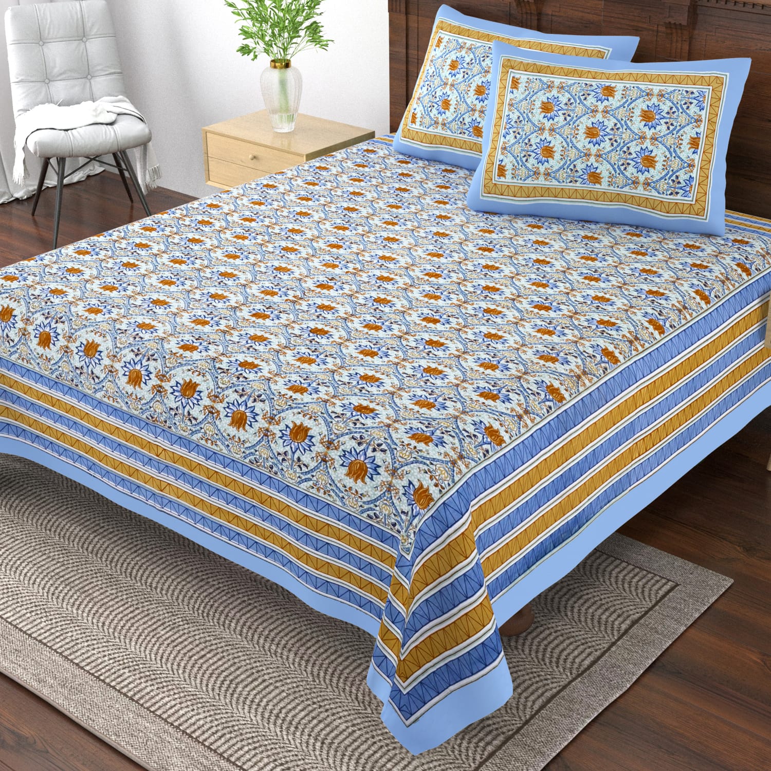 Pure cotton single bedsheet with 2 pillow covers (70x100 inches)