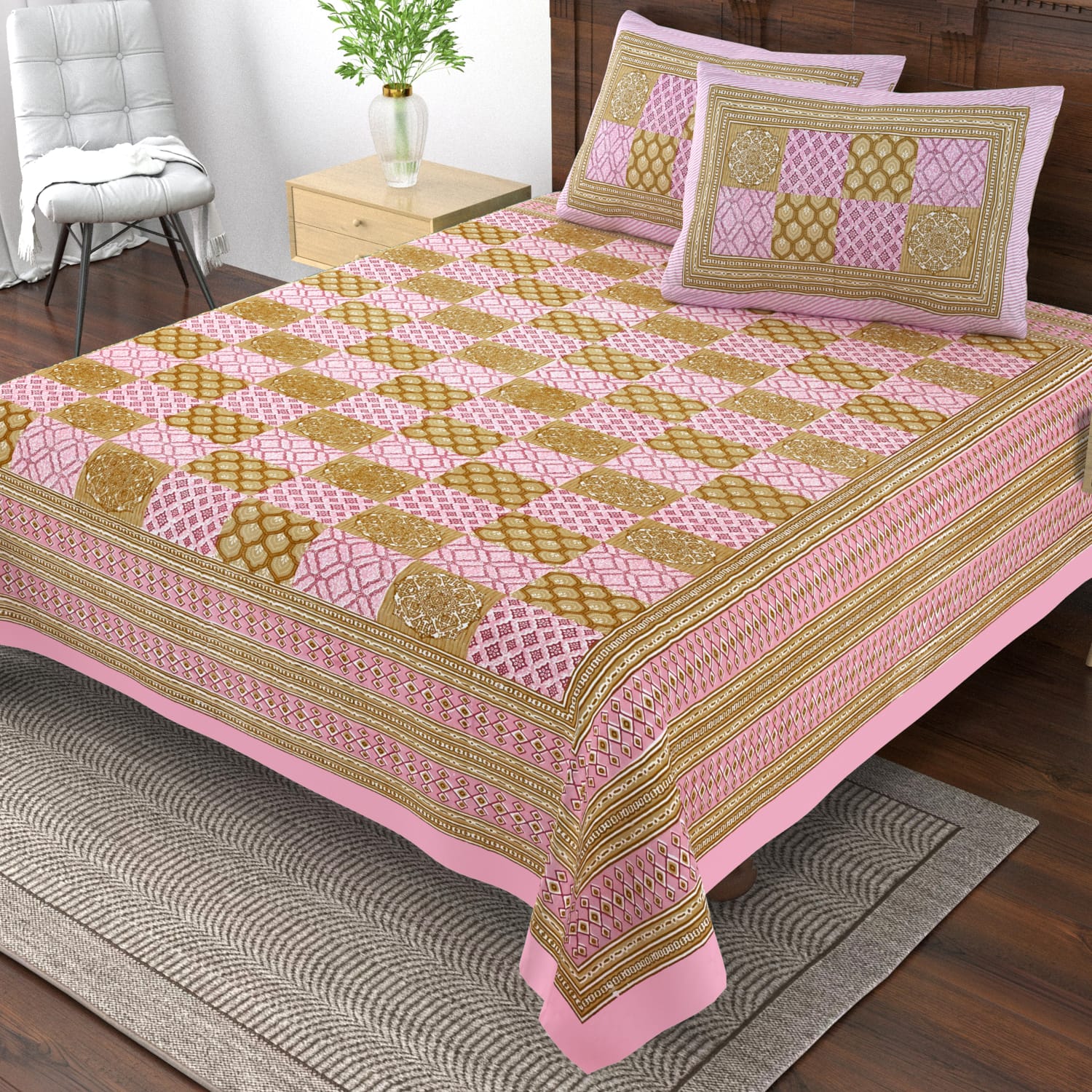 Pure cotton single bedsheet with 2 pillow covers (70x100 inches)
