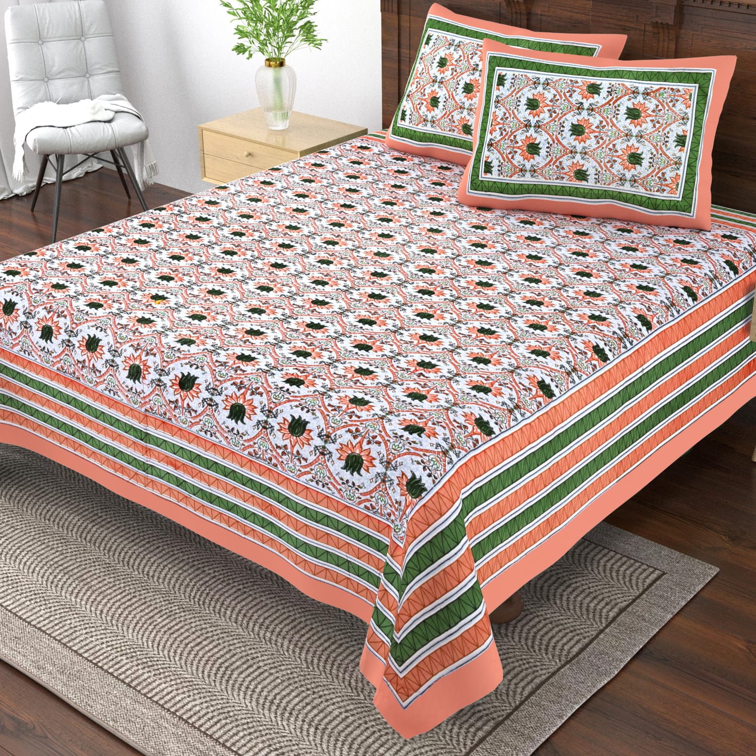 Pure cotton single bedsheet with 2 pillow covers (70x100 inches)