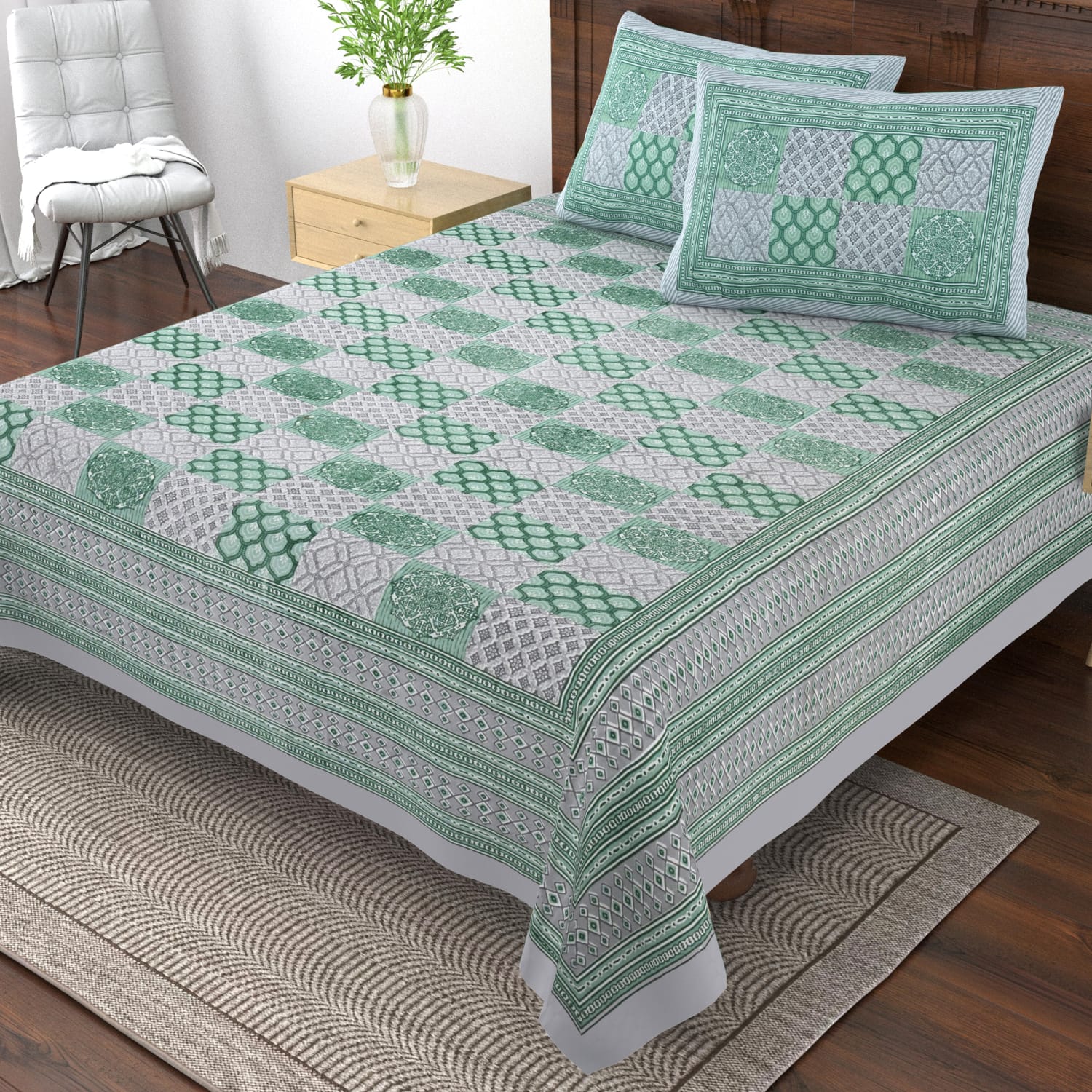 Pure cotton single bedsheet with 2 pillow covers (70x100 inches)