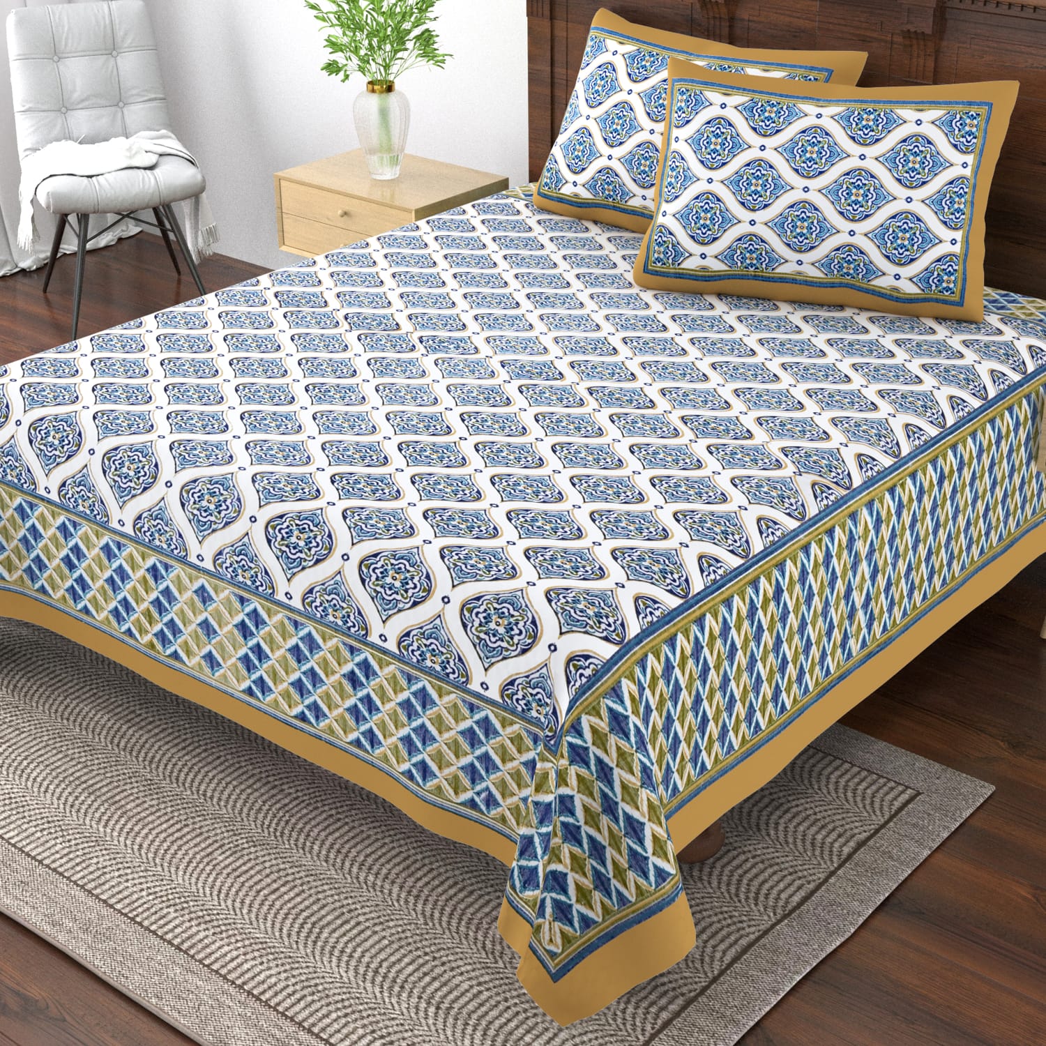 Pure cotton single bedsheet with 2 pillow covers (70x100 inches)