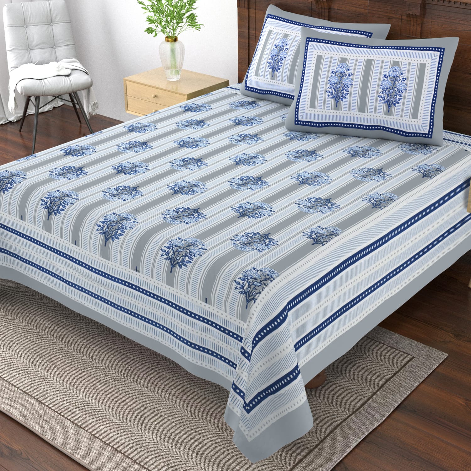 Pure cotton single bedsheet with 2 pillow covers (70x100 inches)