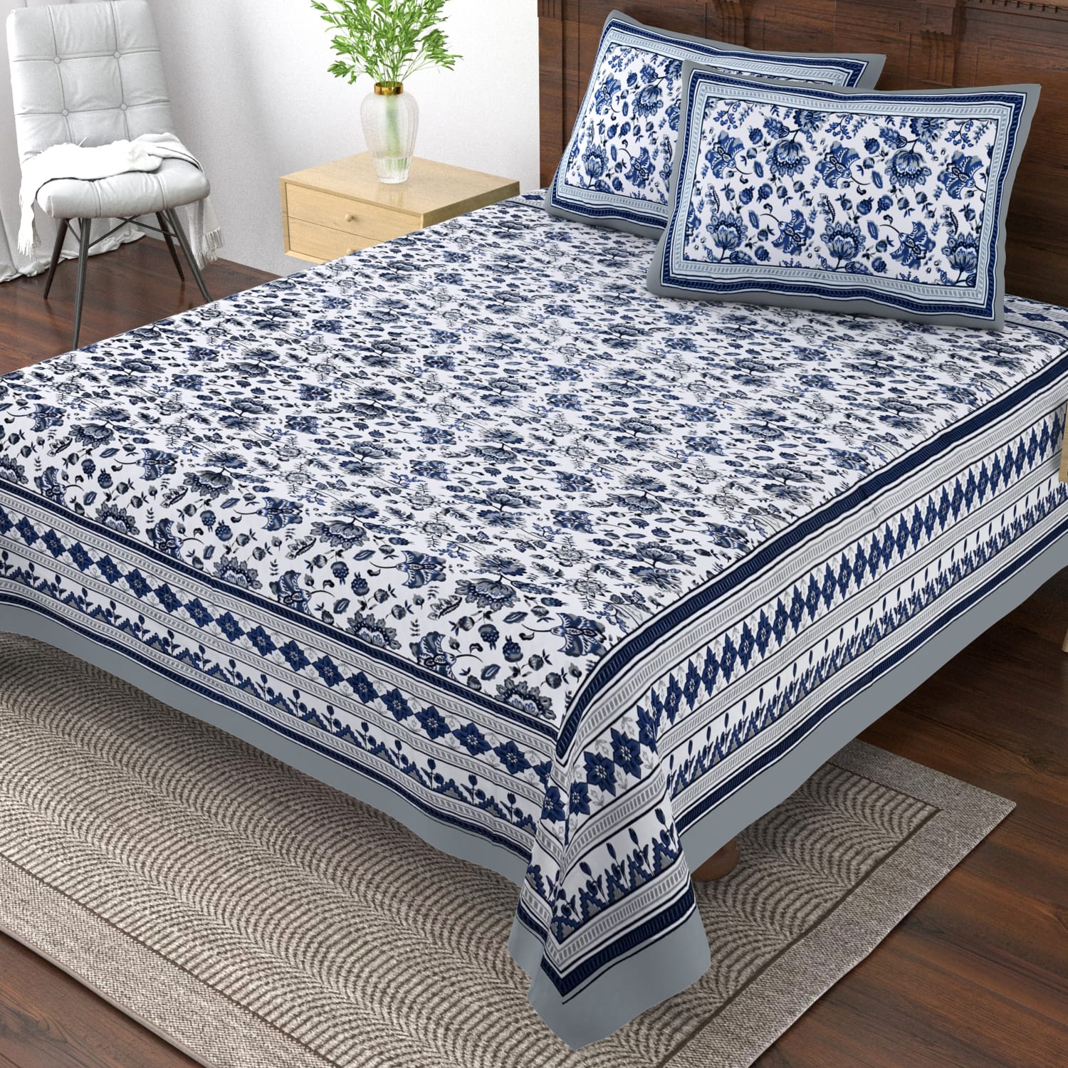 Pure cotton single bedsheet with 2 pillow covers (70x100 inches)