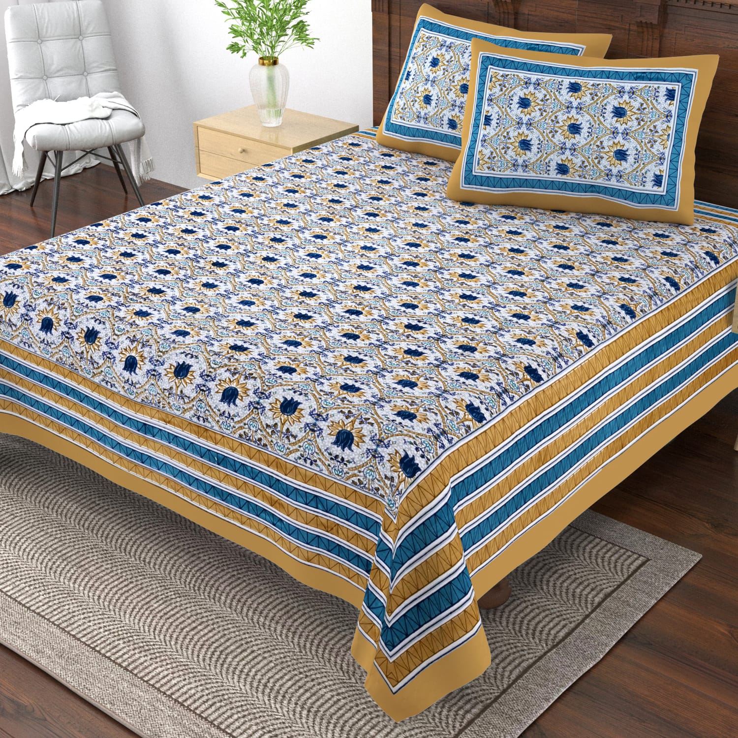 Pure cotton single bedsheet with 2 pillow covers (70x100 inches)