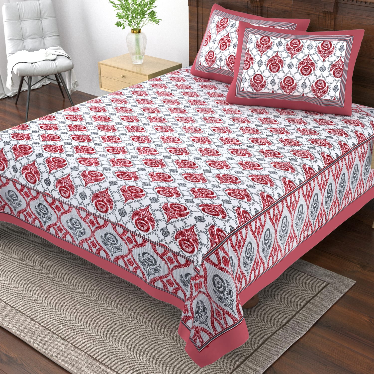 Pure cotton single bedsheet with 2 pillow covers (70x100 inches)
