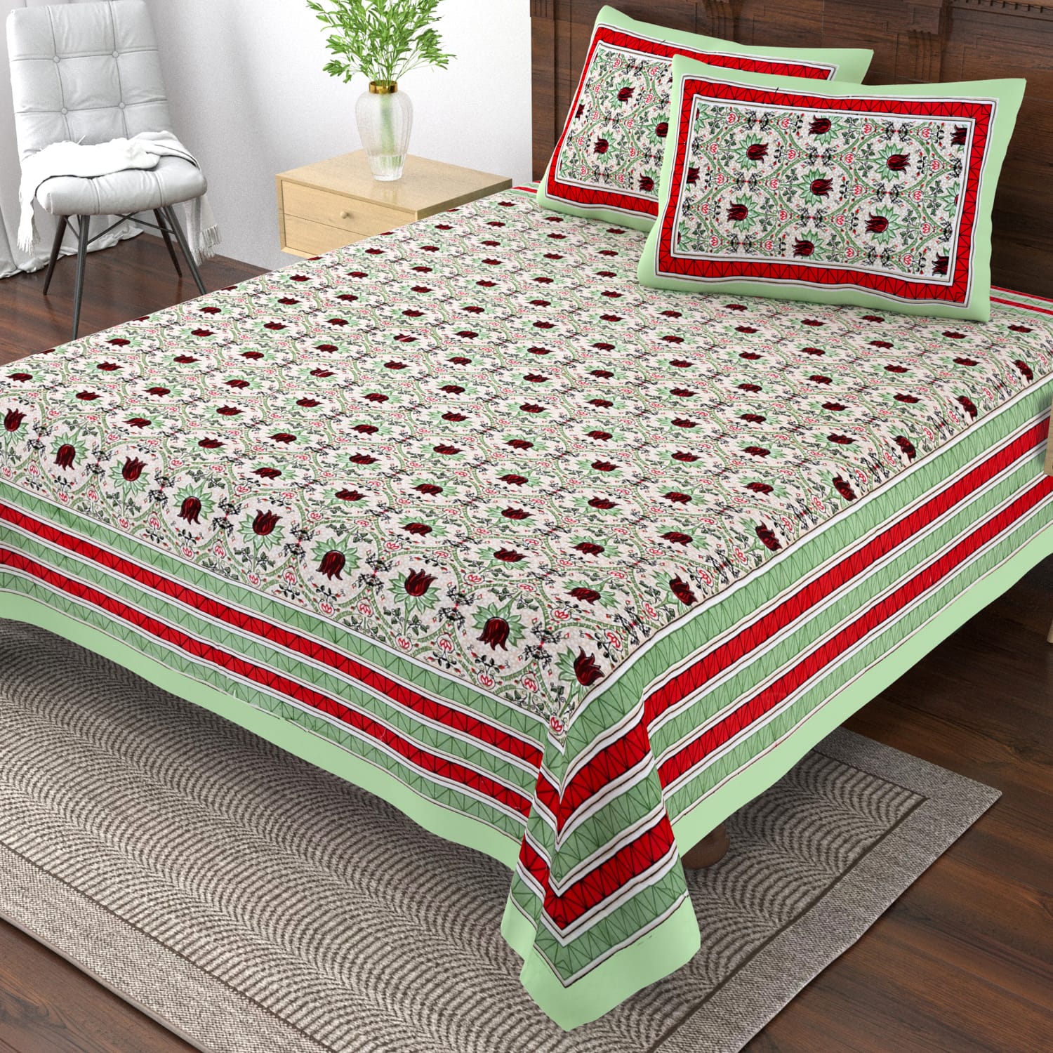 Pure cotton single bedsheet with 2 pillow covers (70x100 inches)