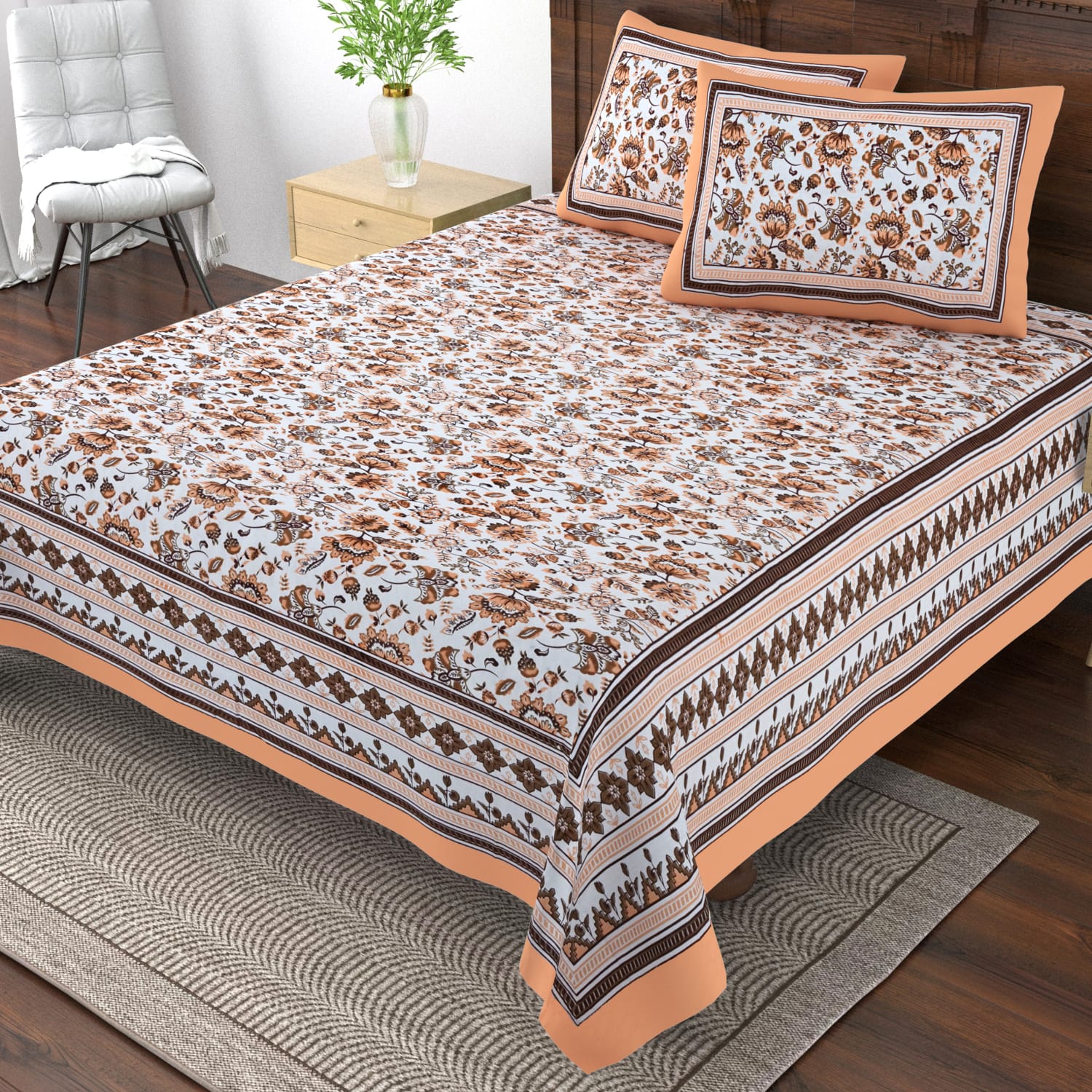 Pure cotton single bedsheet with 2 pillow covers (70x100 inches)