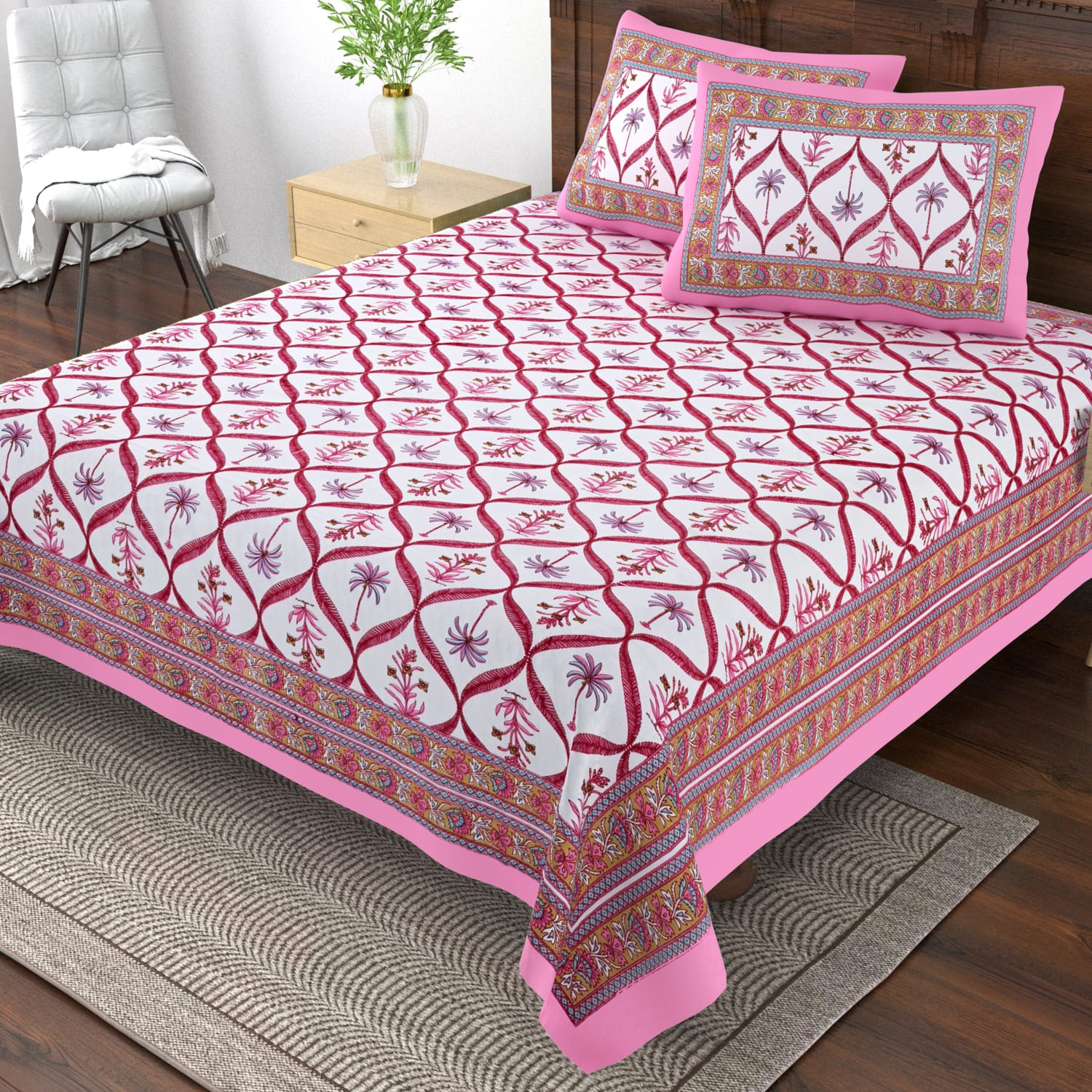 Pure cotton single bedsheet with 2 pillow covers (70x100 inches)