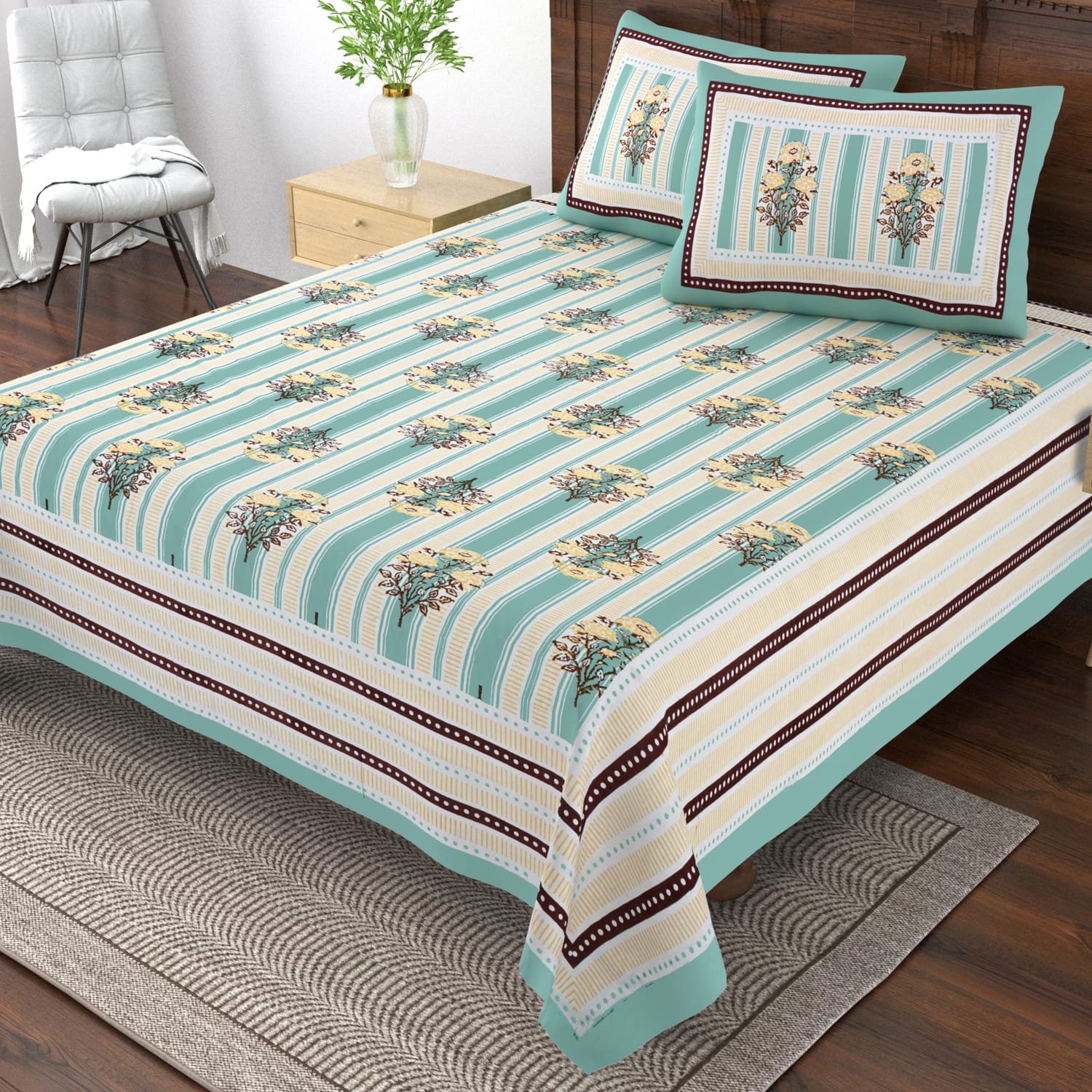 Pure cotton single bedsheet with 2 pillow covers (70x100 inches)
