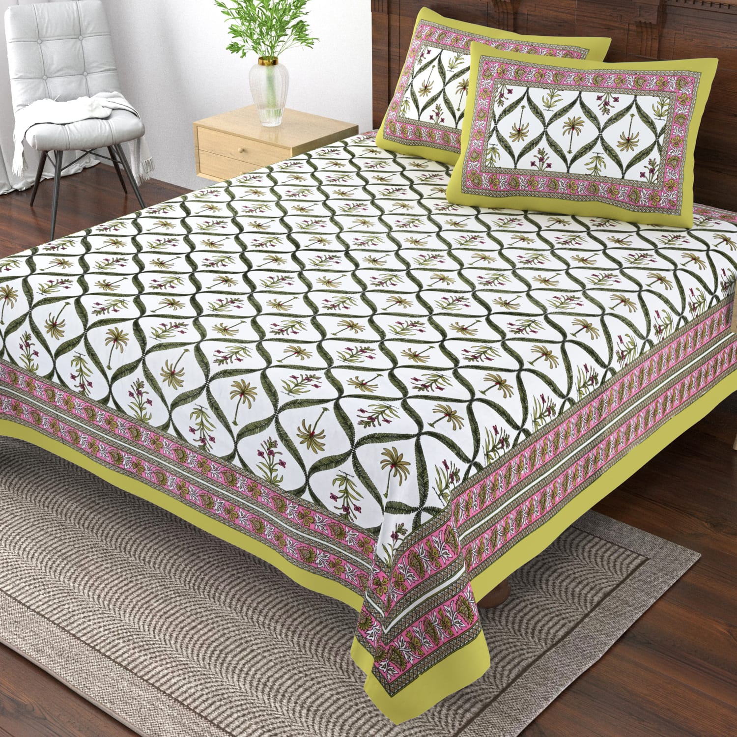Pure cotton single bedsheet with 2 pillow covers (70x100 inches)