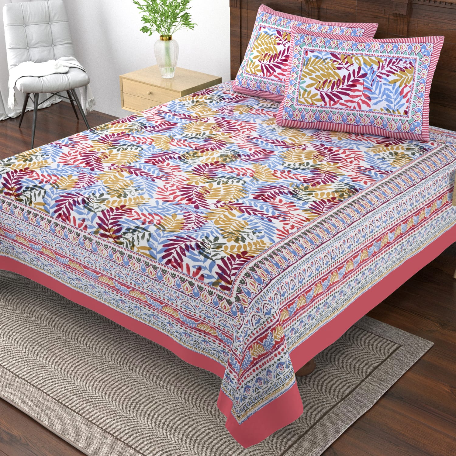 Pure cotton single bedsheet with 2 pillow covers (70x100 inches)