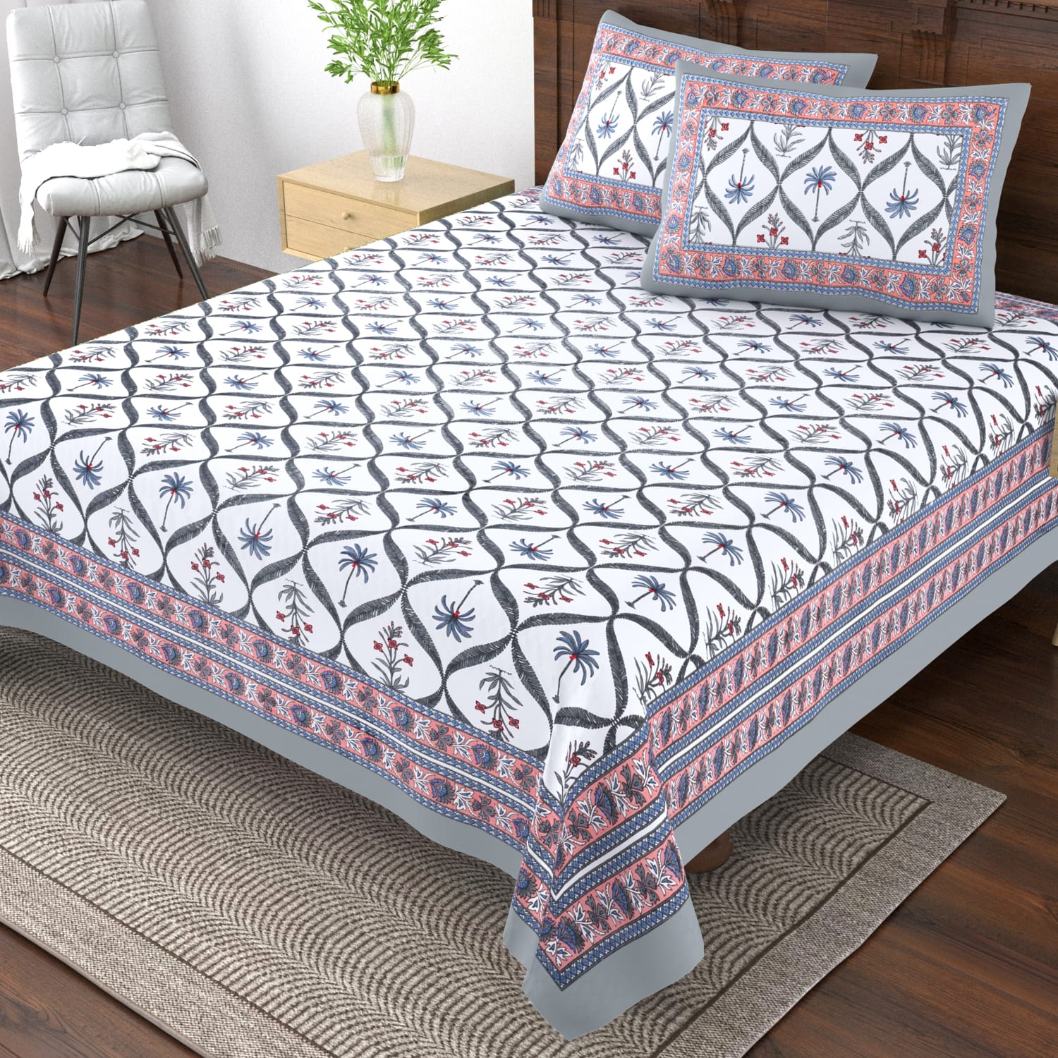 Pure cotton single bedsheet with 2 pillow covers (70x100 inches)