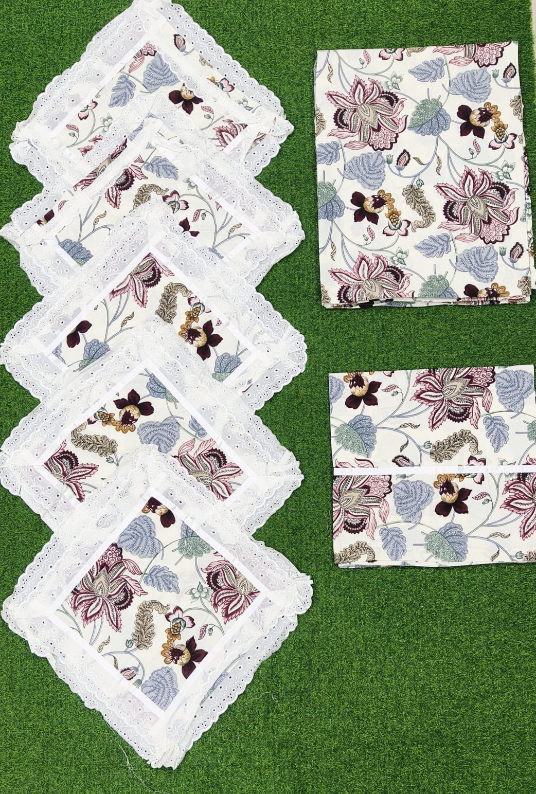 Pure cotton 8 piece traditional diwan sets with laced cushion covers