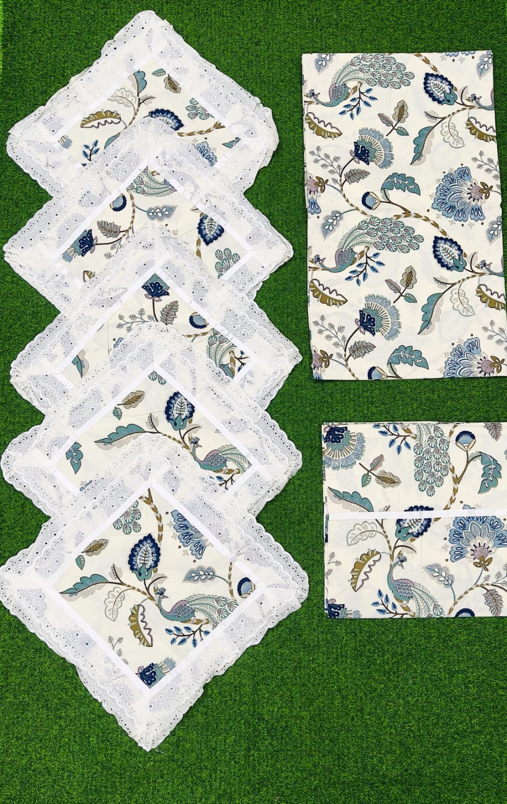 Pure cotton 8 piece traditional diwan sets with laced cushion covers