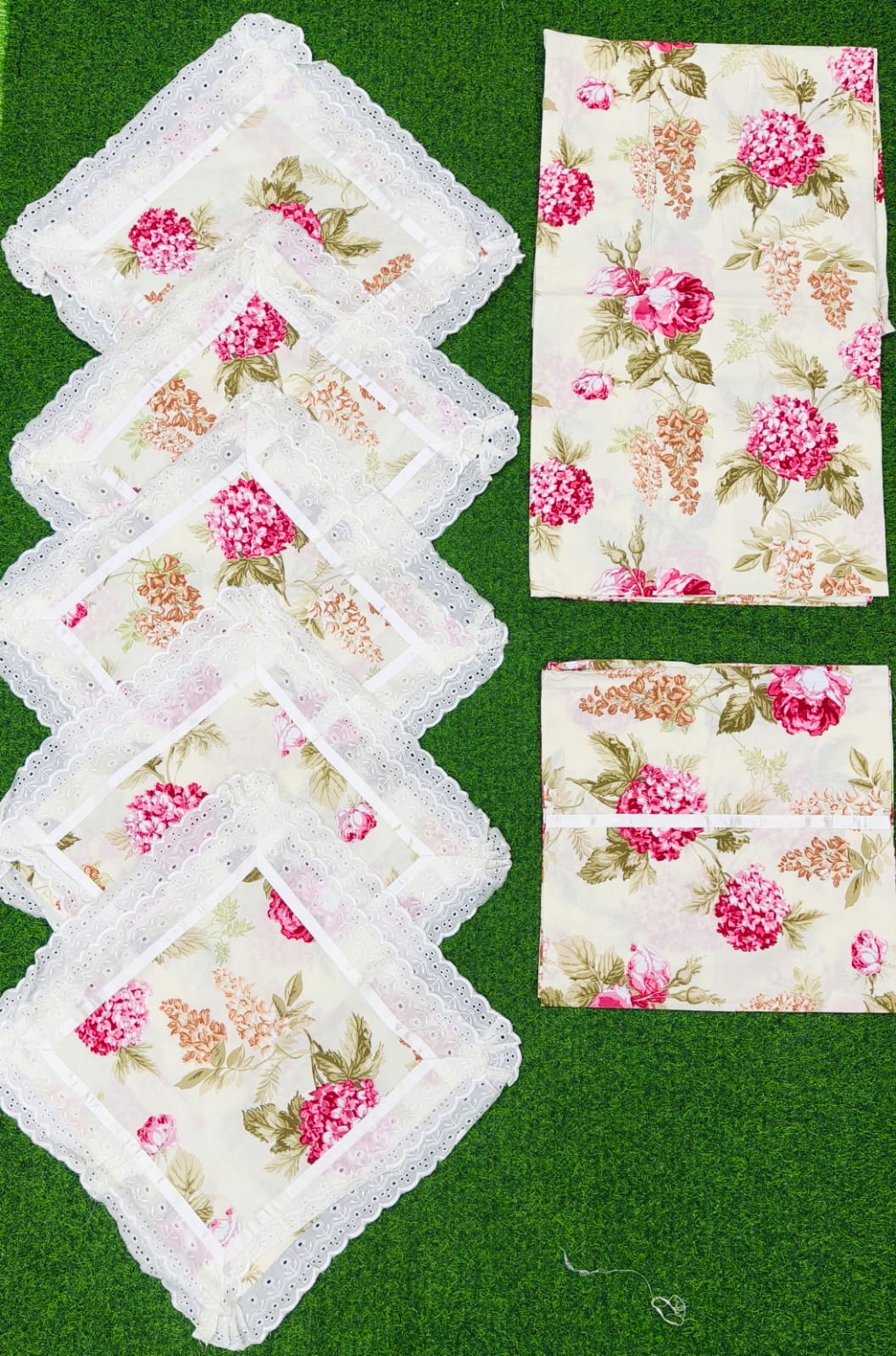 Pure cotton 8 piece diwan sets with laced cushion covers