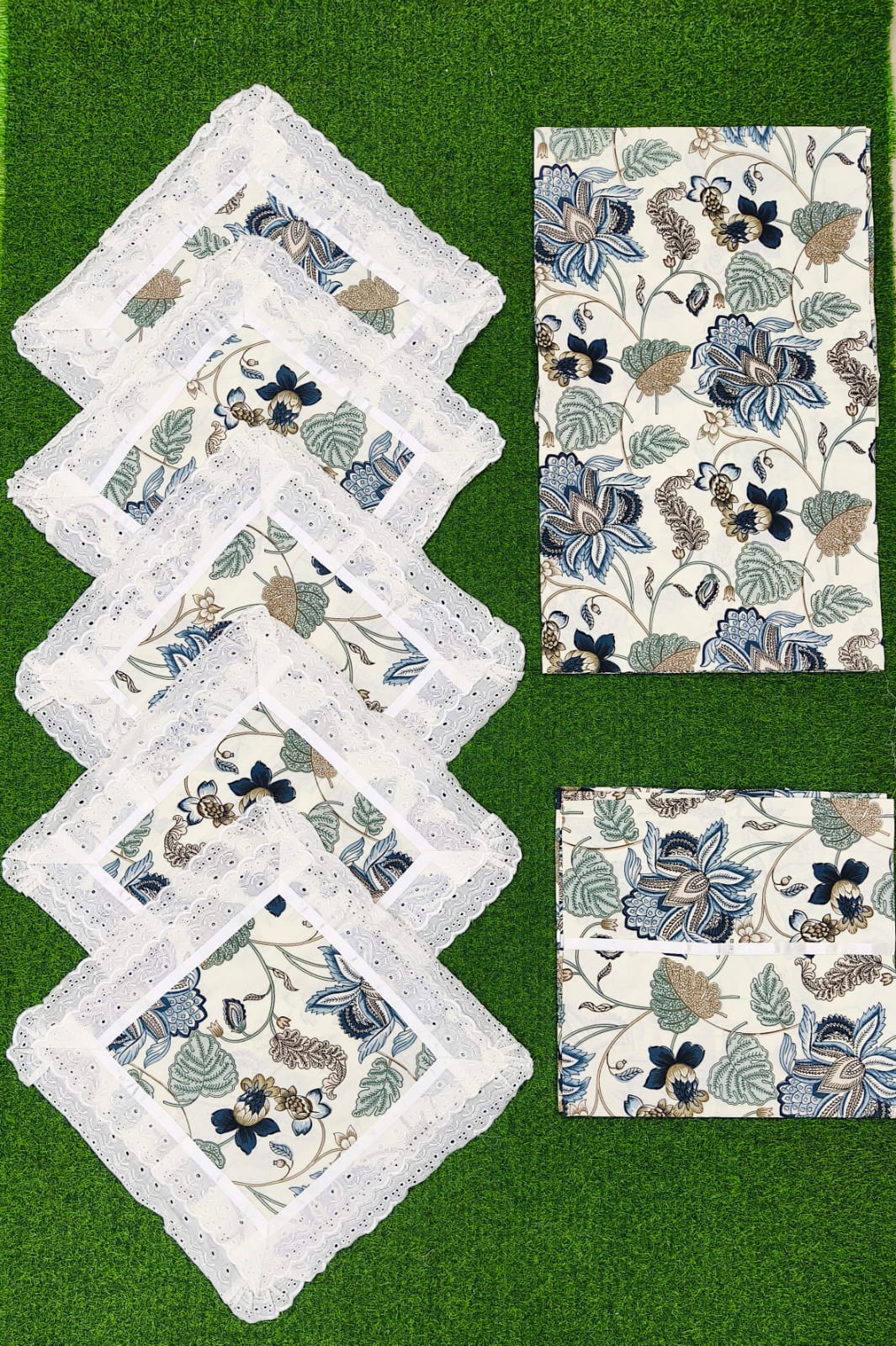 Pure cotton 8 piece traditional diwan sets with laced cushion covers