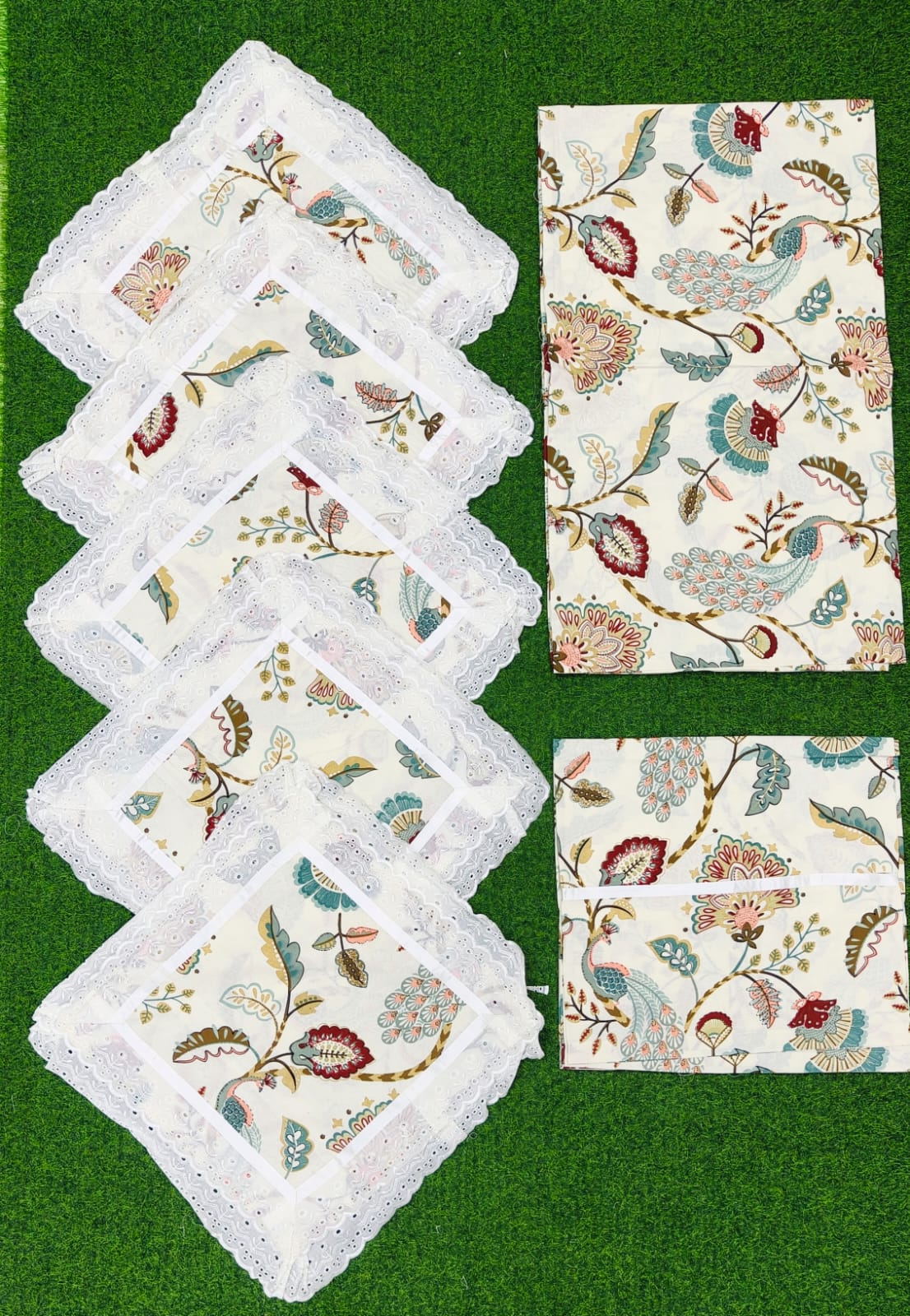 Pure cotton 8 piece traditional diwan sets with laced cushion covers