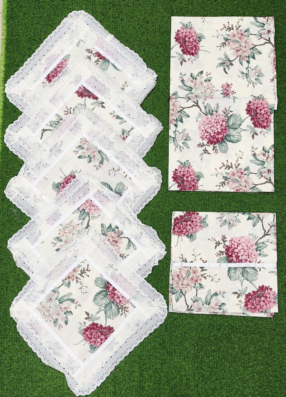 Pure cotton 8 piece traditional diwan sets with laced cushion covers