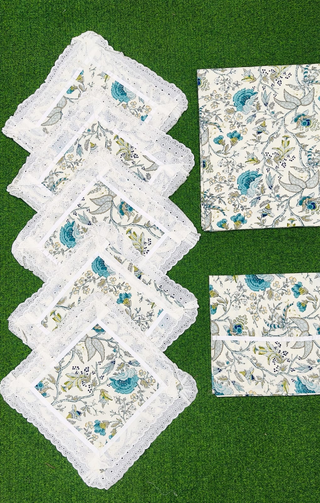 Pure cotton 8 piece traditional diwan sets with laced cushion covers